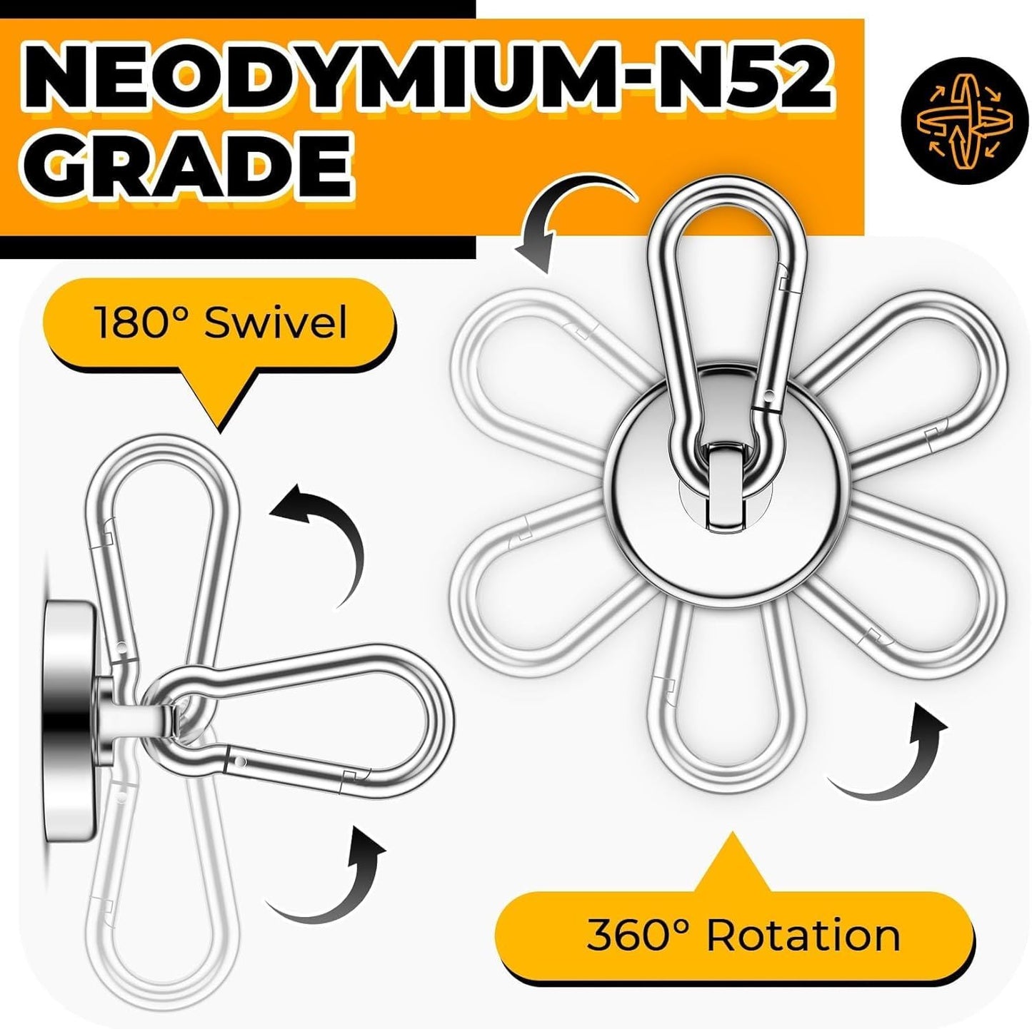 100Lbs Strong Magnetic Hooks, 4 Pack Neodymium Grade-52 Magnet Hooks Heavy Duty with Swivel Carabiner Hook for Hanging, Cruise, Garage, Refrigerator, Kitchen, Office, Home