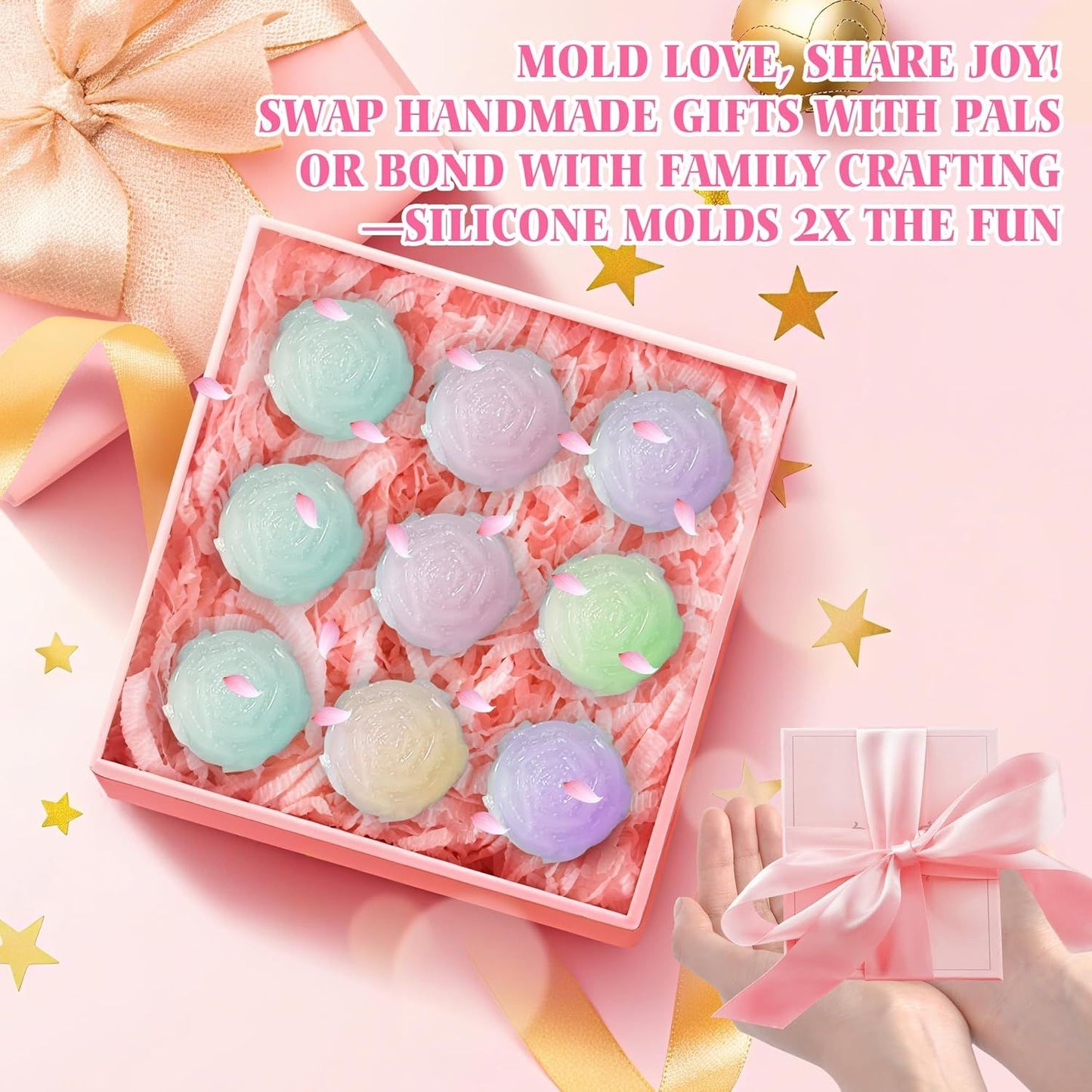 2 Pcs Rose Mold Silicone, Non-Stick Soap Molds, Reusable Heat-Resistant Flower Molds Silicone for Handmade Soap Making, Candy, Chocolate, Rose Ice Cube, Cake Decoration Jelly, Easy Release & Cleaning