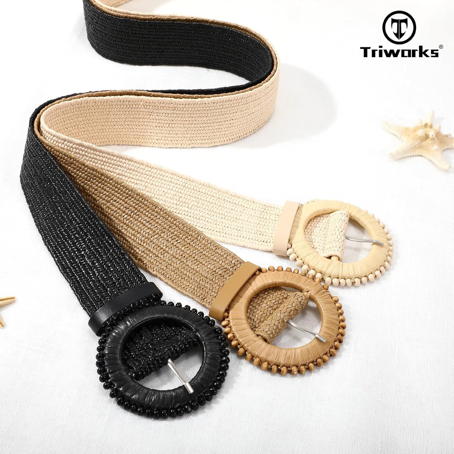 3 Pack Straw Woven Stretch Belt for Women,Raffia Elastic Belt for Dress Wide Boho Waist Belt with Round Buckle