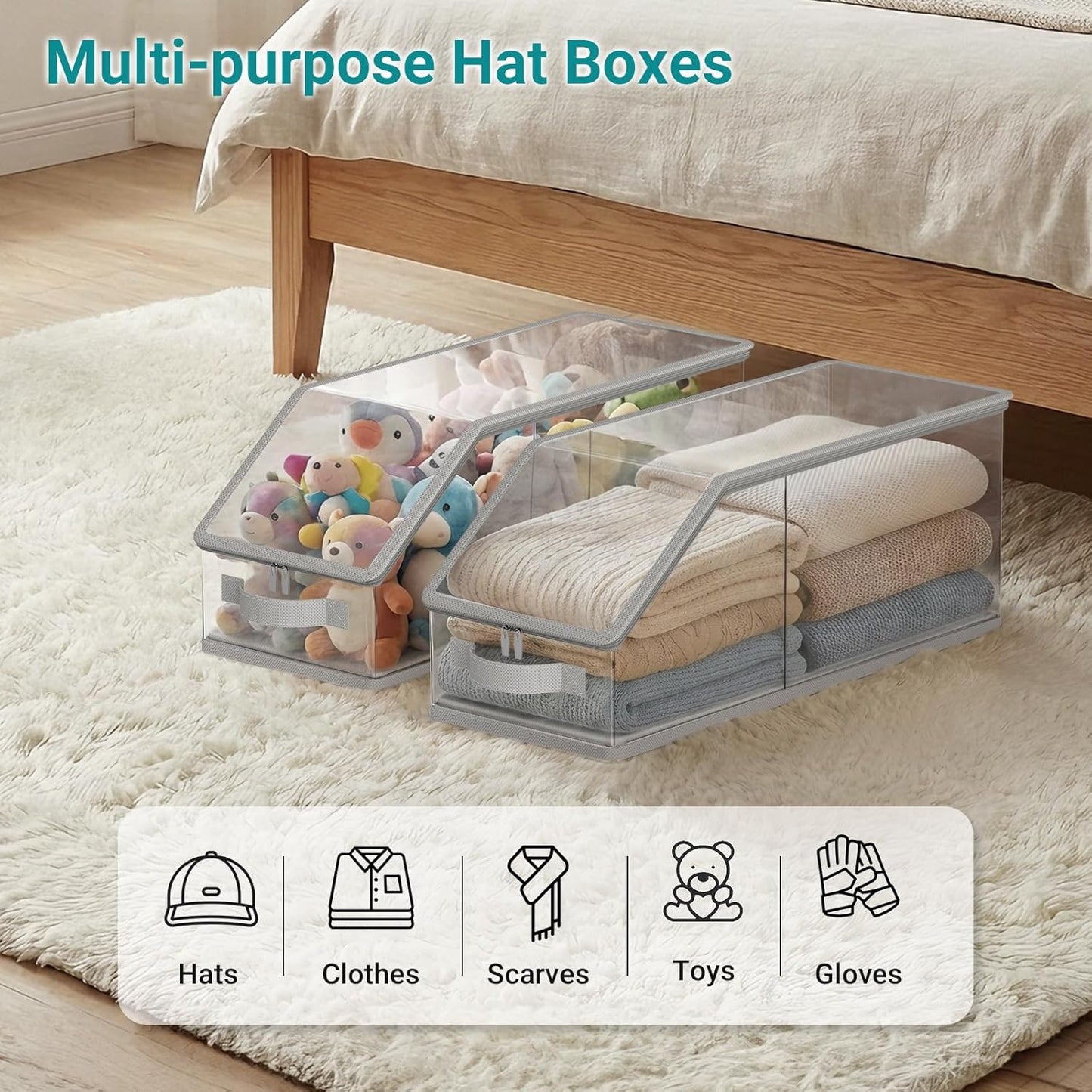 2PCS Stackable Hat Storage for Baseball Caps, Clear Hat Organizer for Closet Holds up to 24 Caps, Men‘s Hat Box Display with Cardboard (Grey)