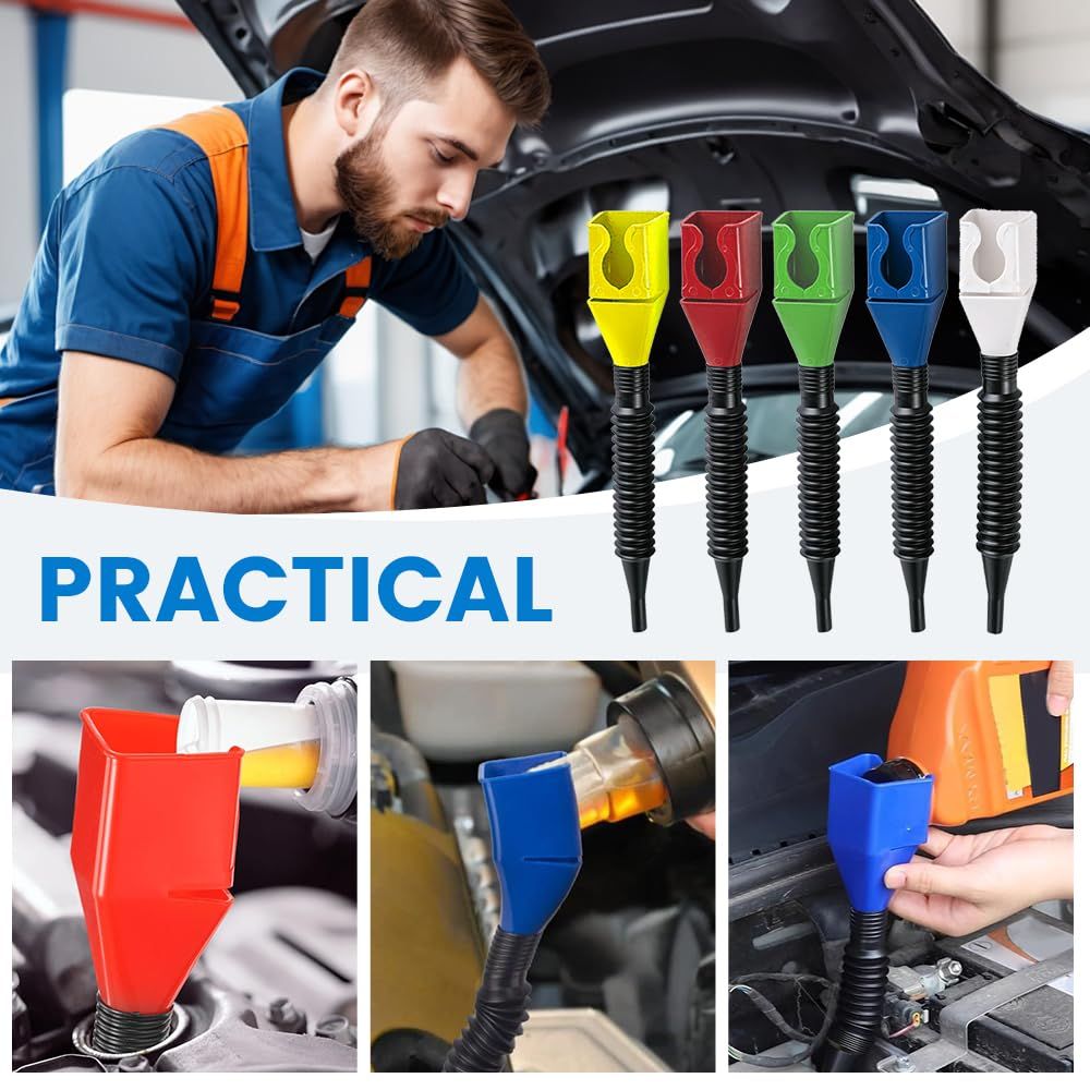 Universal Household Folding Buckle Funnel, 5-Pack, Plastic, Multicolor, 7.87 Inch Wide Mouth, Flexible, Reusable, Snap-on Design, Suitable for Automotive, Home Use