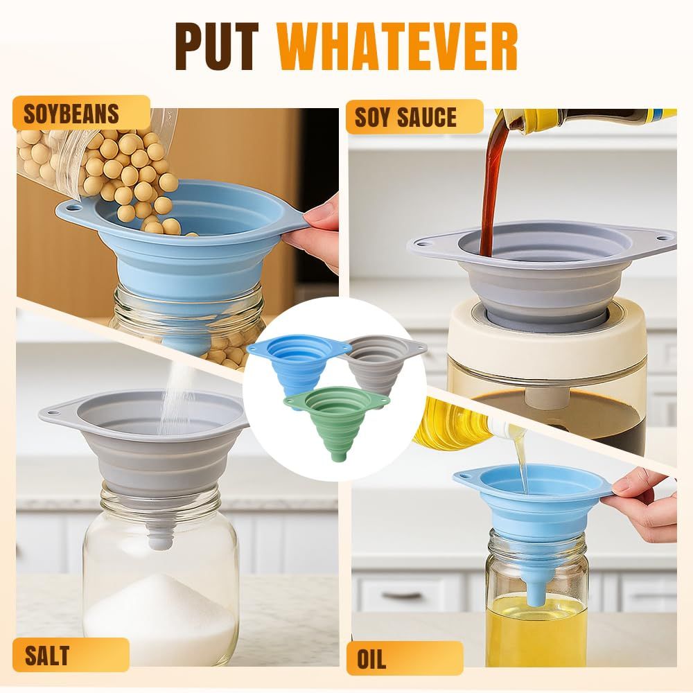 Kitchen Funnel Set 3 Pack, Collapsible Silicone Funnels for Filling Water Bottles & Small Bottles | Food-Grade, Easy Clean & Space-Saving (Mix Colors)