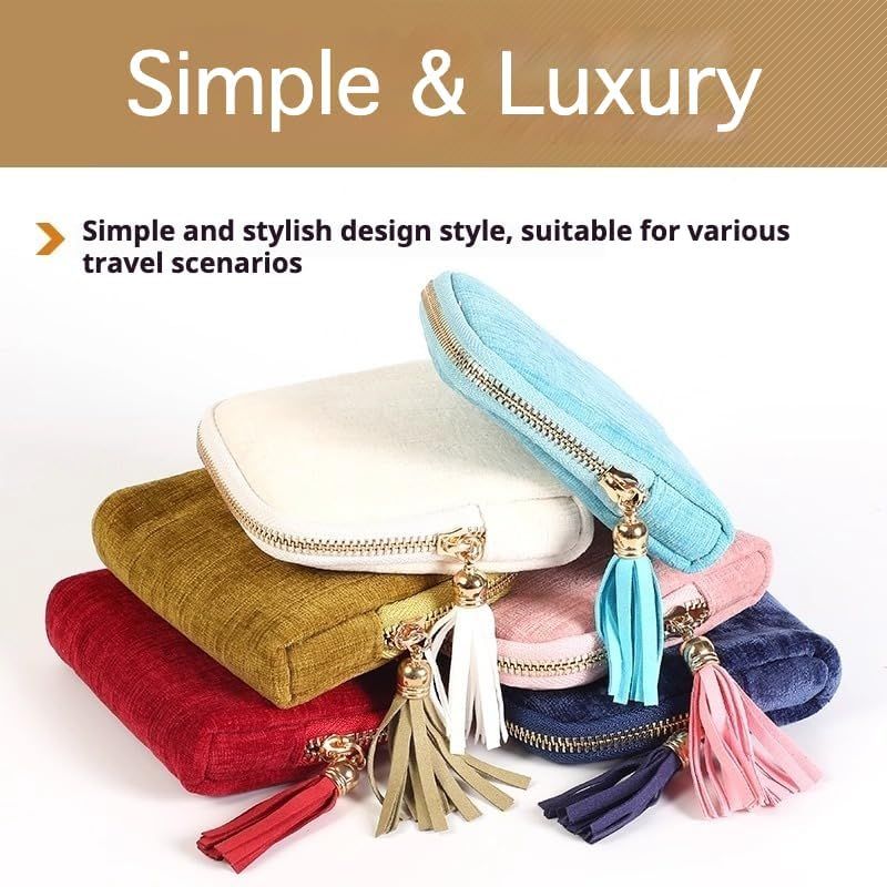 Velvet Jewelry Travel Pouch with 5 Compartments Tassel Zipper for Bracelets Necklace, Tangle Free Portable Jewelry Case (Brown)
