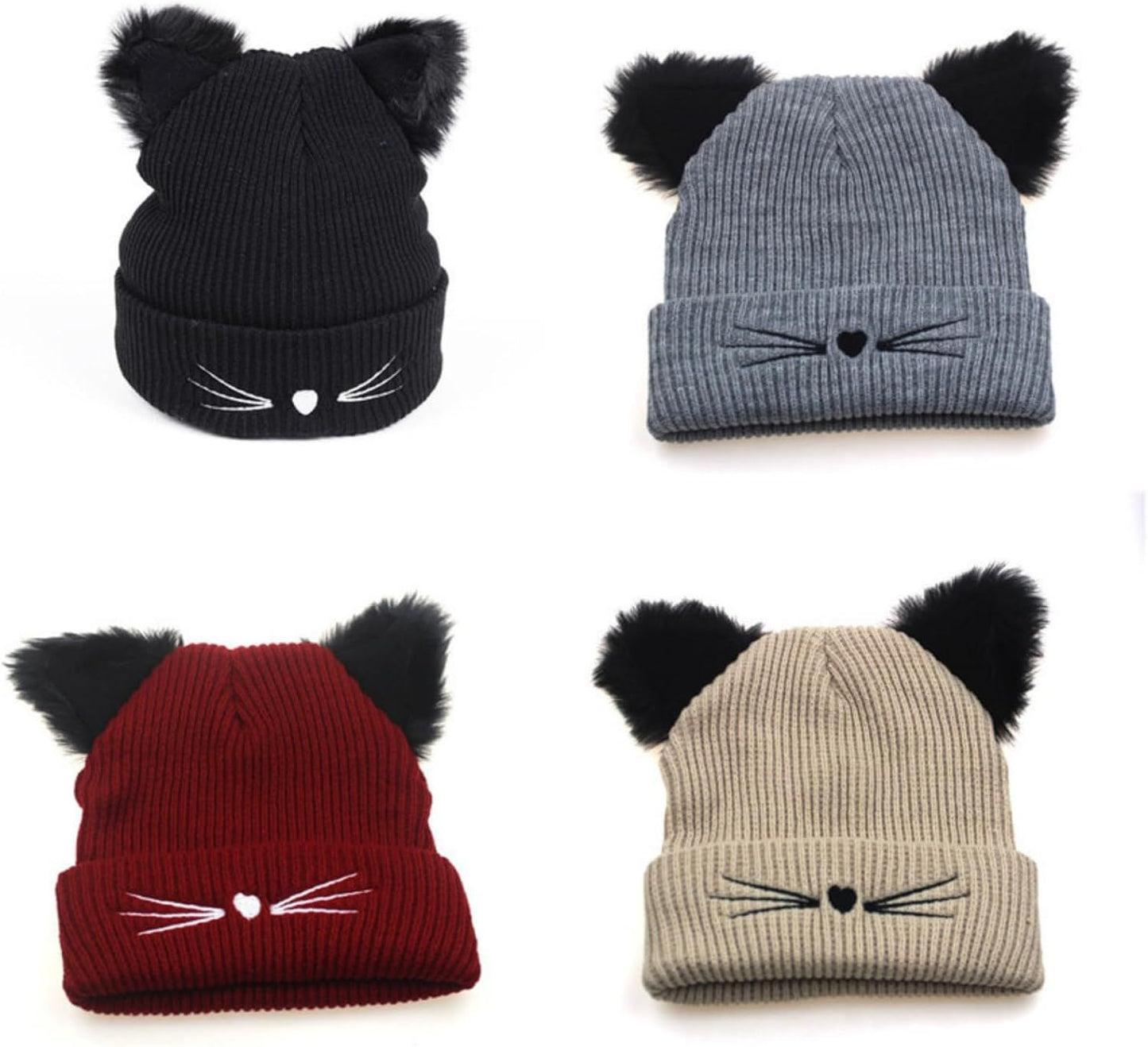 Knit Beanie with Cute Plush Cat Ear Embroidery for Women Girls, Winter Thick Warm Hats Fashion Accessory