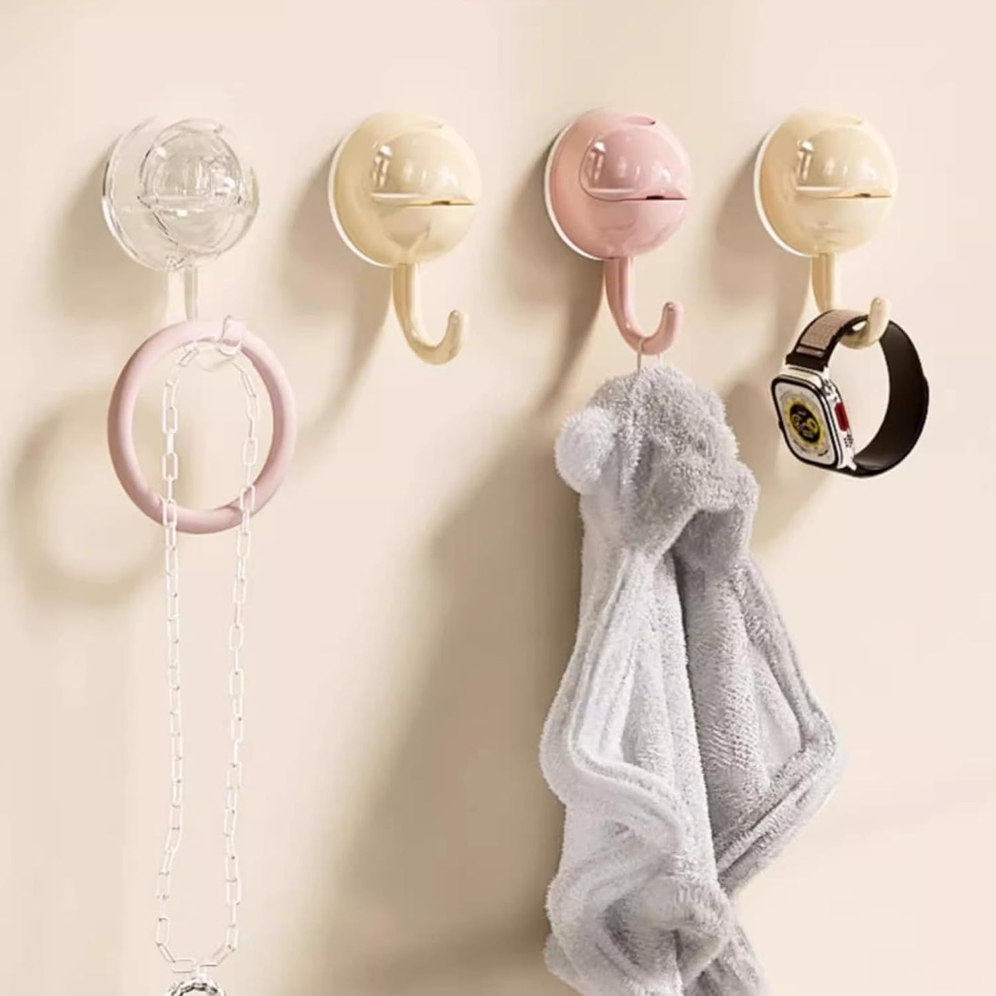 No-Drill Round Vacuum Suction Cup Hooks Pastel Colors, Strong Hold No-Trace Storage Hangers for Kitchen Bathroom Towel (Clear Beige Pink,6)
