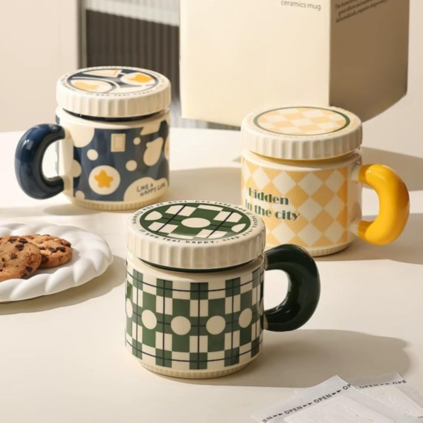 14 Oz Luxe Ceramic Coffee Mug Tea Mug with Lid Handle Floral/Stars/Plaid Design, Elegant Water Cup Cereal Bowl Ice Cream Bowl (green,14 Oz)