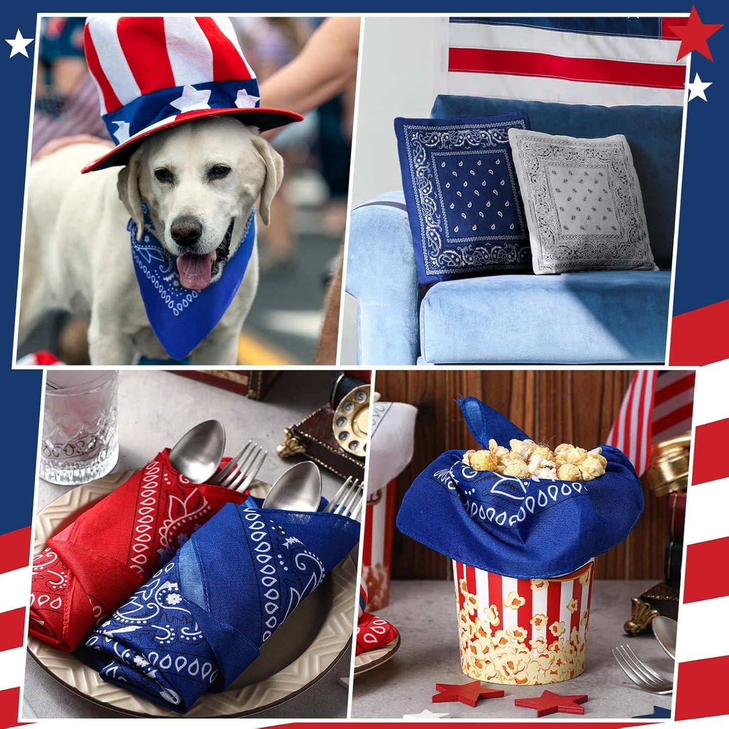 24 Pcs Paisley Bandanas Red White Blue Headband for Men and Women 4th of July 250 Anniversary Versatile Decoration Handkerchief Patriotic Bandana for Tabletop Wreath Banner Flags Decor