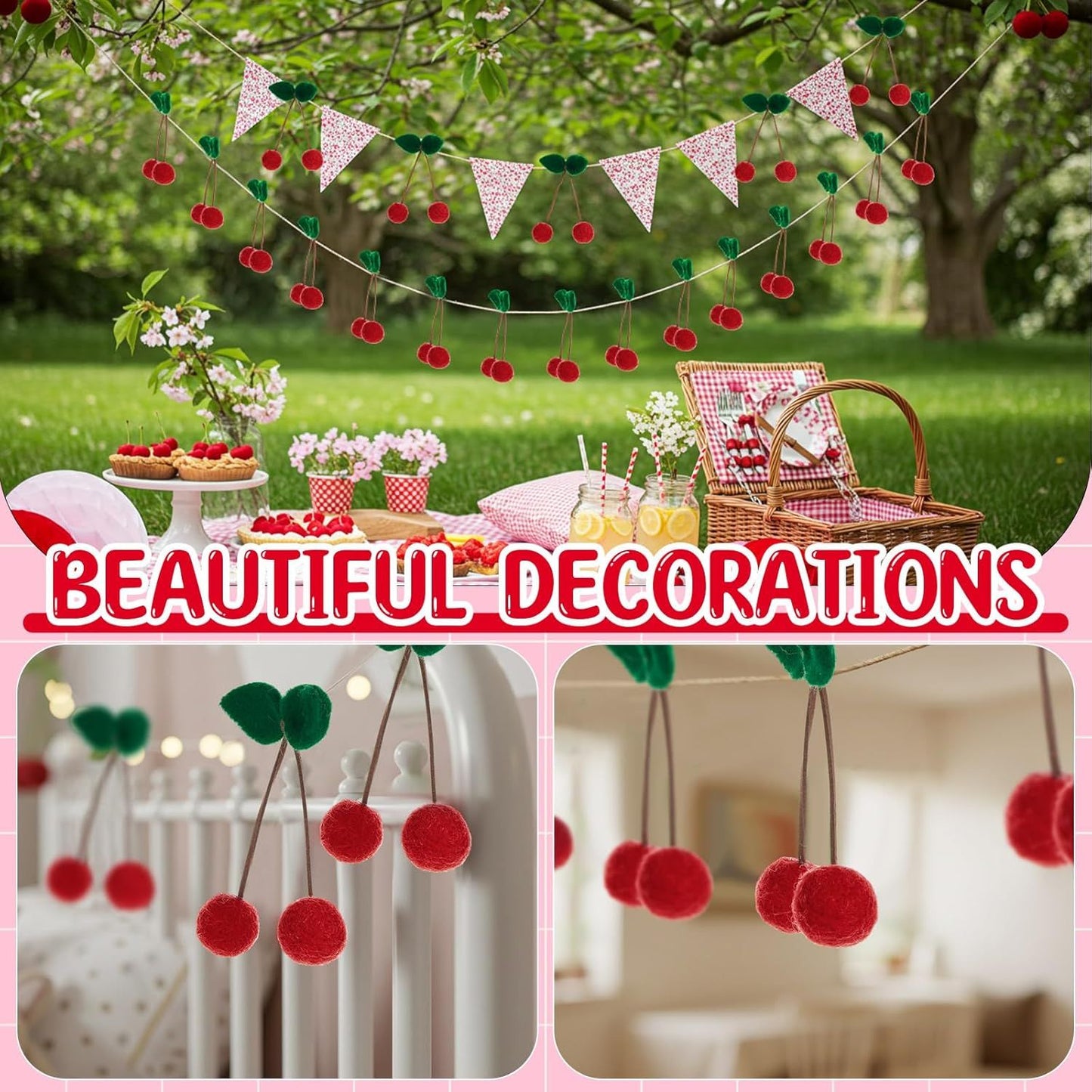 20 Pcs Cherry Party Decor Cherry Felt Balls DIY Garland Craft Handmade Cute Wool Pompom Fruit Baby Shower Decorations for Birthday Baby Shower Party Wedding Home Favors