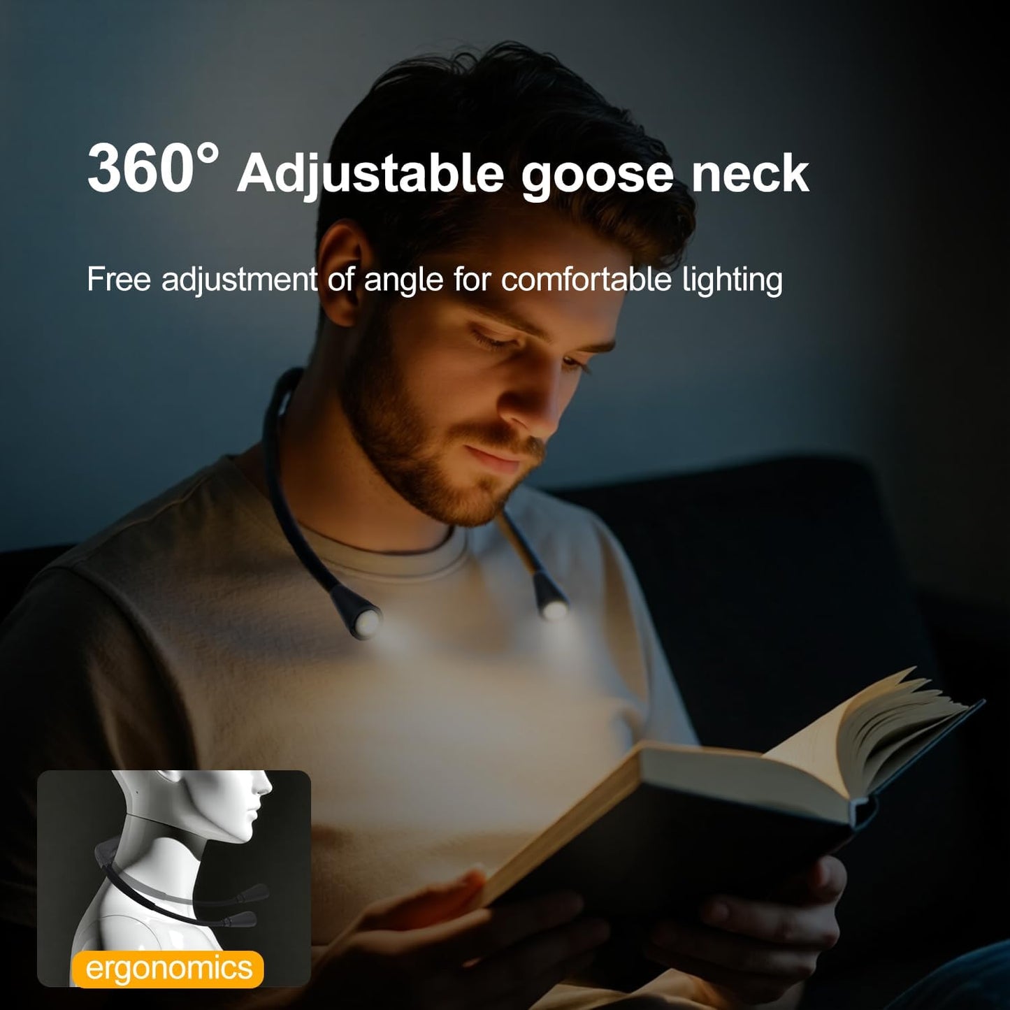 LED Rechargeable Neck Reading Light, Suitable for Reading Books with 3 Color Temperatures, 90 Hour Long-Lasting Recharging Lamp, Ergonomic, Suitable for Reading, Weaving, and Repairing