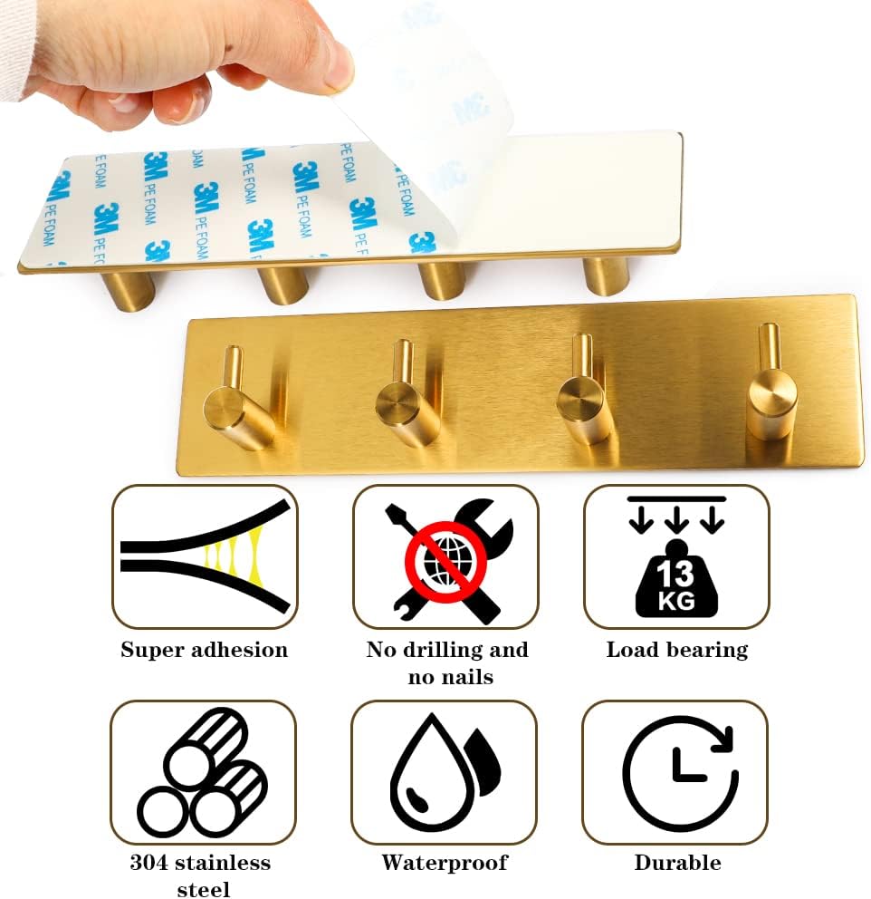 Key Holder for Christmas Wall Decorative, Adhesive Stainless Steel Key Hooks, Key Hanger Key Organizer Towel Hook Coat Hanger for Entryway Hallway Kitchen (Four Rows, Golden 1 PC)