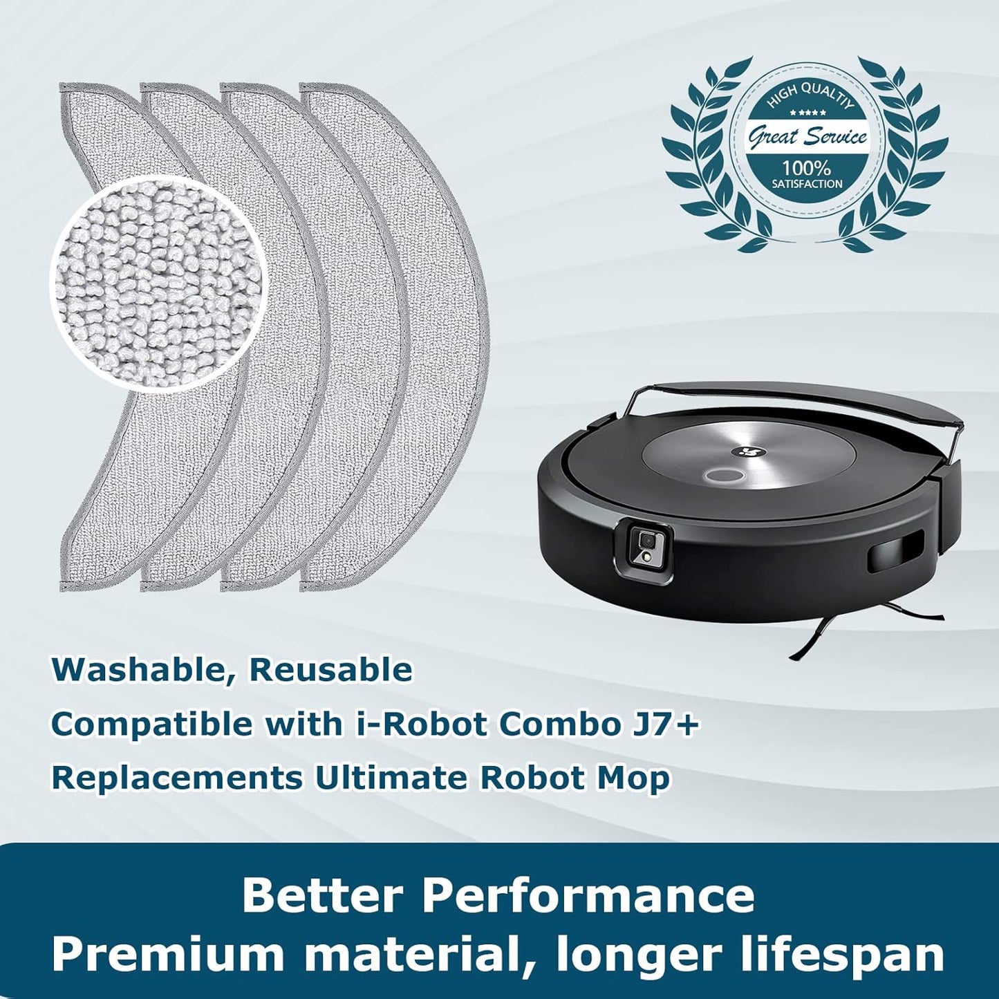 4 Pack Replacement Mop Pads for i-Robot Roomba Combo j7+/ j9+ Accessories, Microfiber Washable Mopping Pad for iRobot Roomba Combo j7+/ j9+ Robot Vacuum and Mop (Not fits for Roomba j7/ j7+/ j9+)