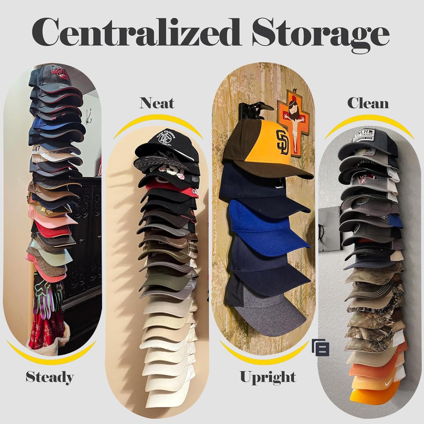 Hat Organizer for Baseball Caps 1 Pack, Adhesive Hat Rack for Wall, Baseball Cap Organizer (Black)