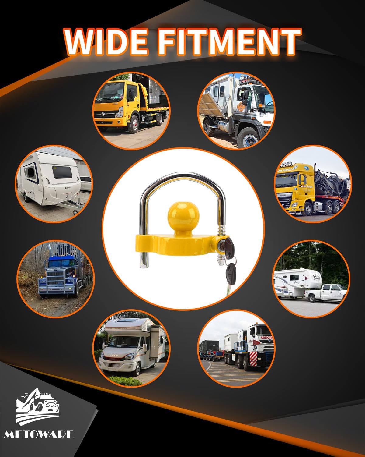 Trailer Coupler Lock Universal Adjustable Heavy-Duty Steel Trailer Hitch Lock, Anti Theft Trailer Ball Lock Towing Lock for Towing Trailer Security Fits 1-7/8",2”, 2-5/16" Coupler Yellow