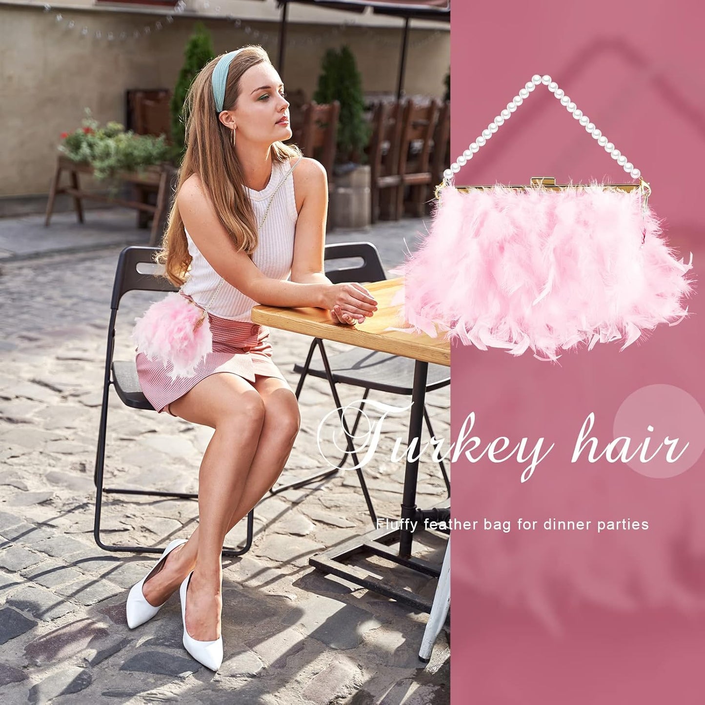 Feather Clutch Purses for Women, Evening Bags Furry Purse with 2 Chains Wedding Bride Fringe Glossy Designer Pink