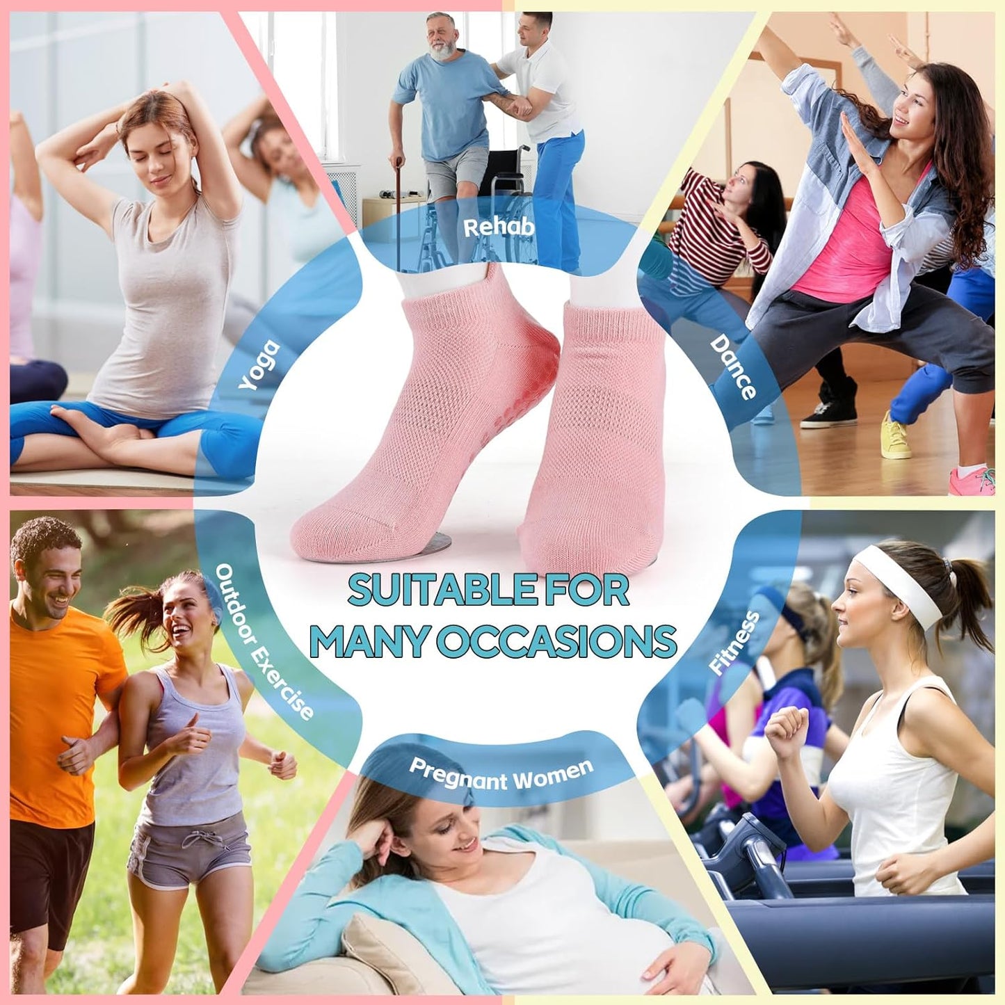 3 Pairs Pilates Grip Socks, Non Slip Yoga Socks for Women, Anti-Skid Grip Socks Breathable Cotton Socks for Yoga, Barre, Dance, Barefoot, Workout, Pregnant, Fitness and Ballet