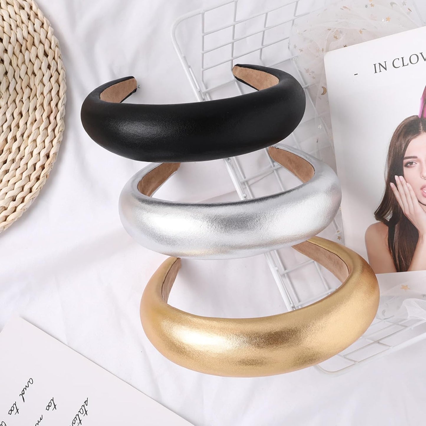 Leather Sponge Headband, Thickened Wide Edge Headband (Gold)