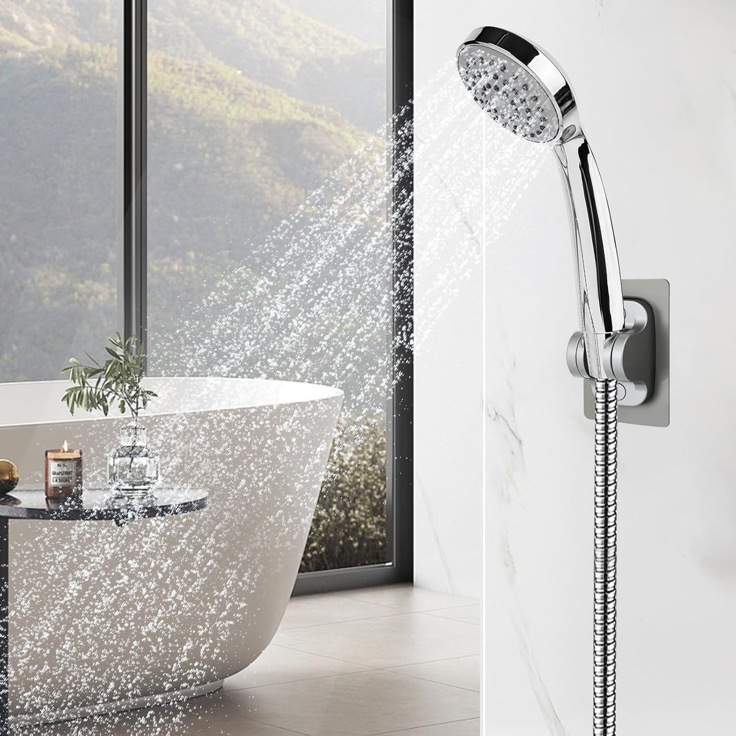 Strong Adhesive Adjustable Shower Head Holder- Wall Mounted Heavy Duty Shower Head Shelf Bracket, Plastic Bracket Stick on Wall, Mount ABS- Shower Head Holder for Handheld Shower Heads (Grey)