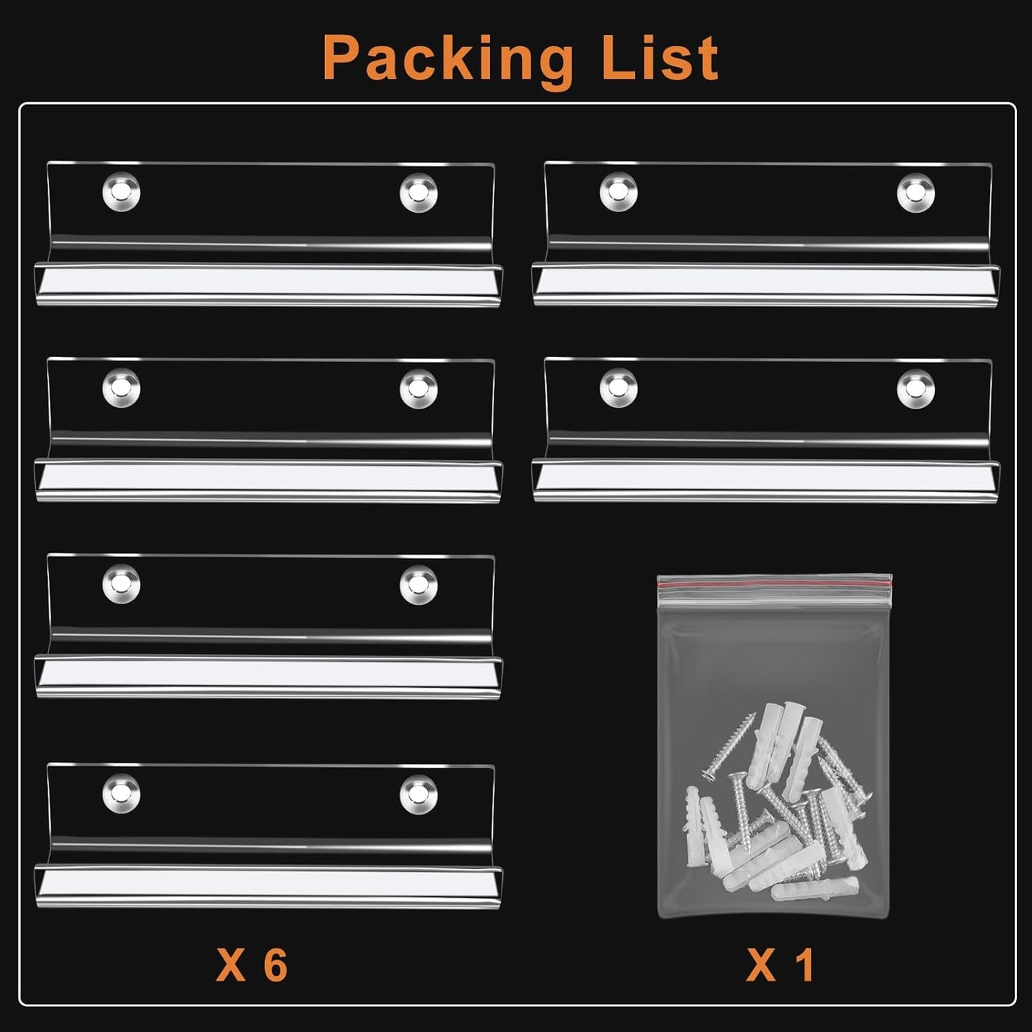 6 Pack Clear Vinyl Record Shelf Wall Mount Acrylic Album Display Holder Storage Hanger CD Floating Shelf for Home Office, 4 Inch