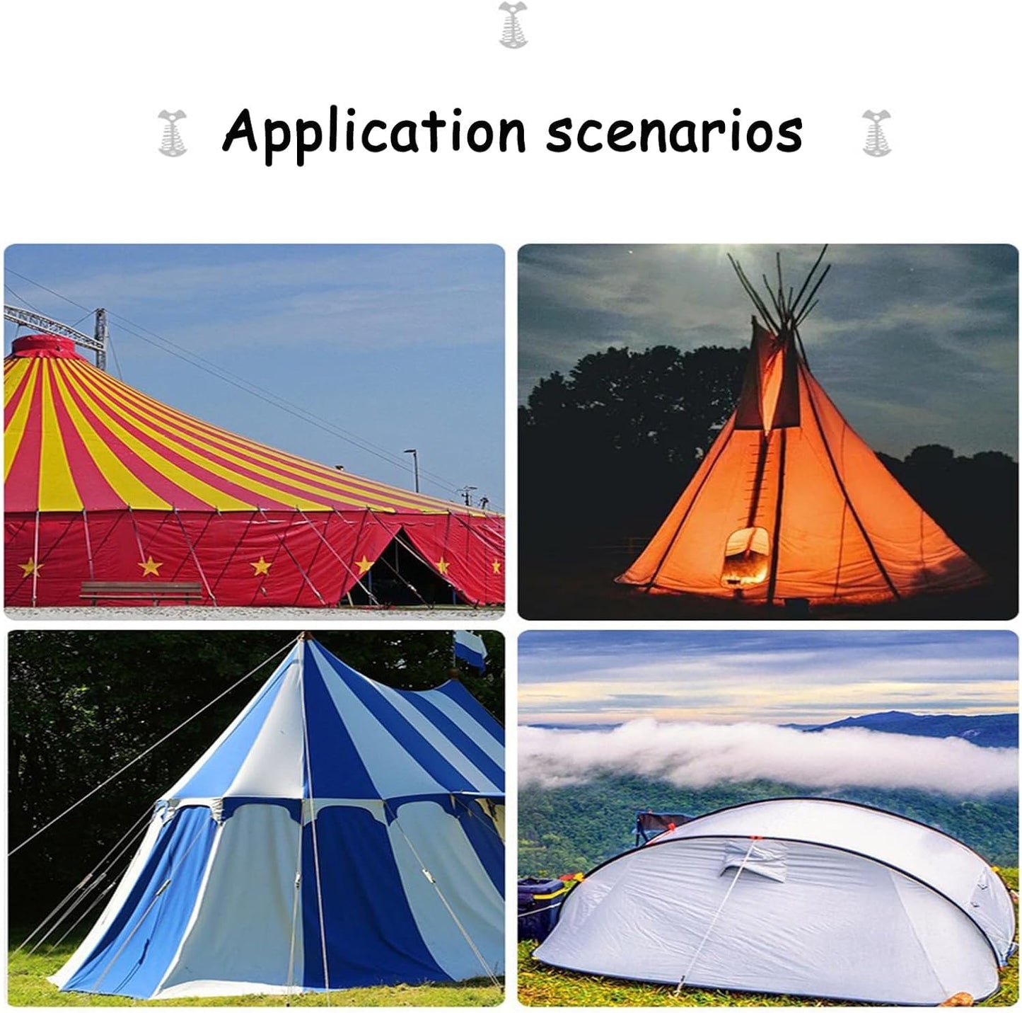 10 Pcs Fishbone Tent Stakes with Carabiners , Aluminum Alloy & Stainless Steel Windproof Anchors with Carabiners, Deck Spring Tensioner for Camping Canopy, Hiking Gear,Essential for Mountain Climbing