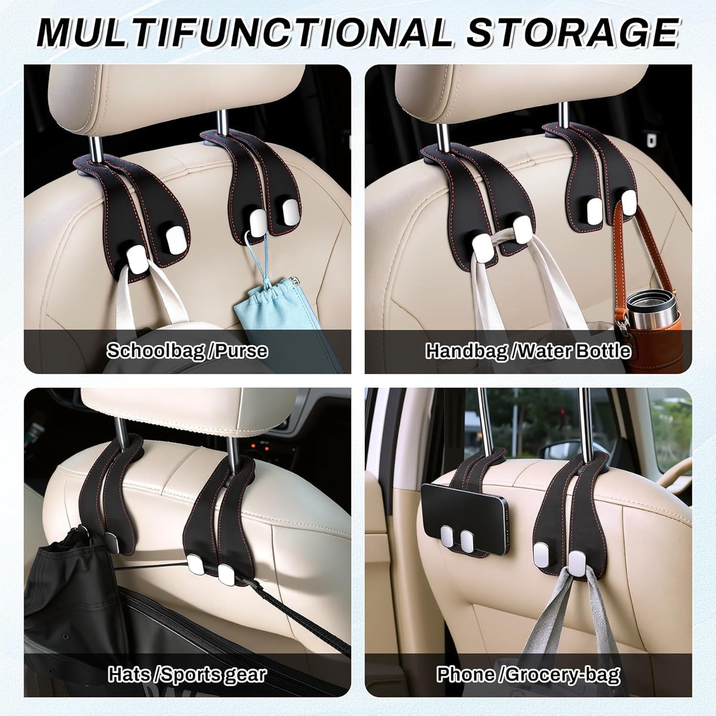 2PCS Car Purse Holder Hook, Seat Back Storage Leather-Wrapped Alloy Double Headrest Hook for Purses & Bags, Cute Interior Accessories Women and Men, Black -