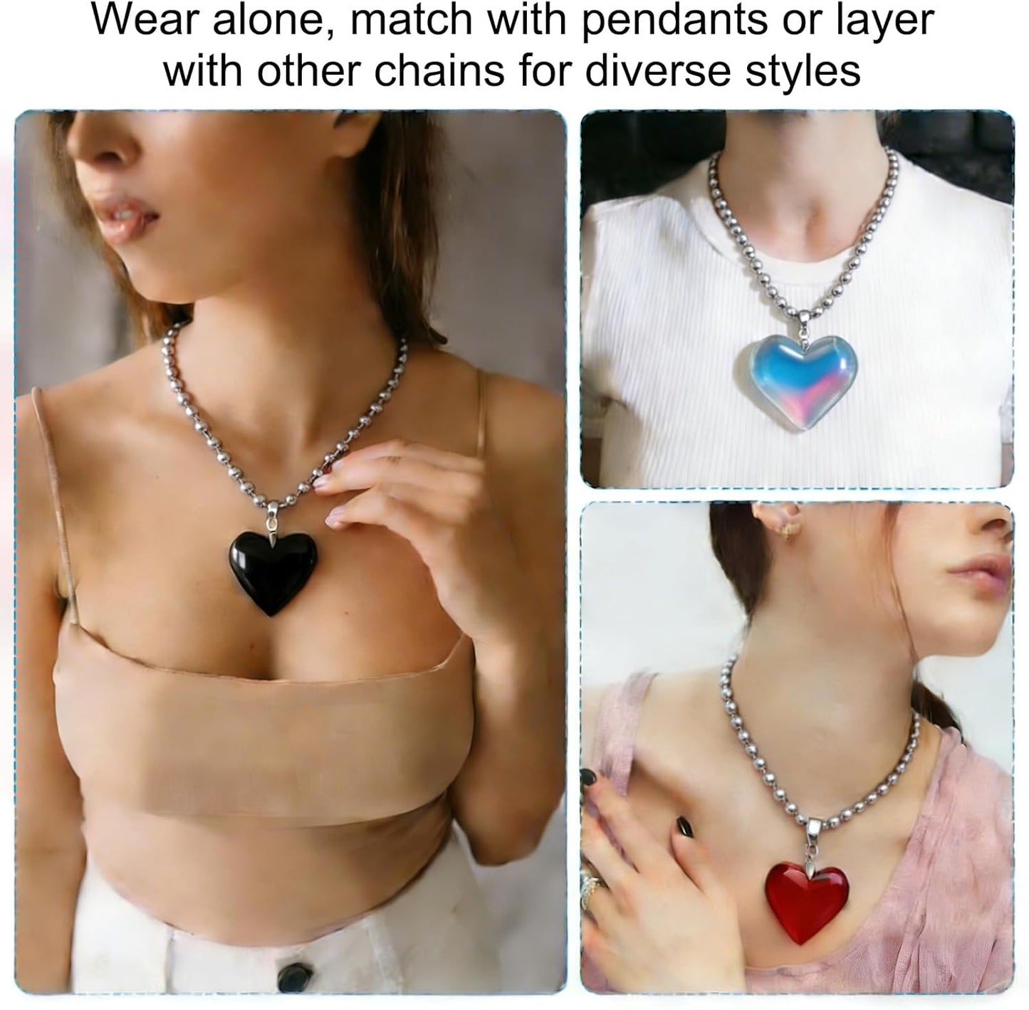 Glass Heart Shape Pendant Necklace, Alloy Chain Love Charms Necklace Red -