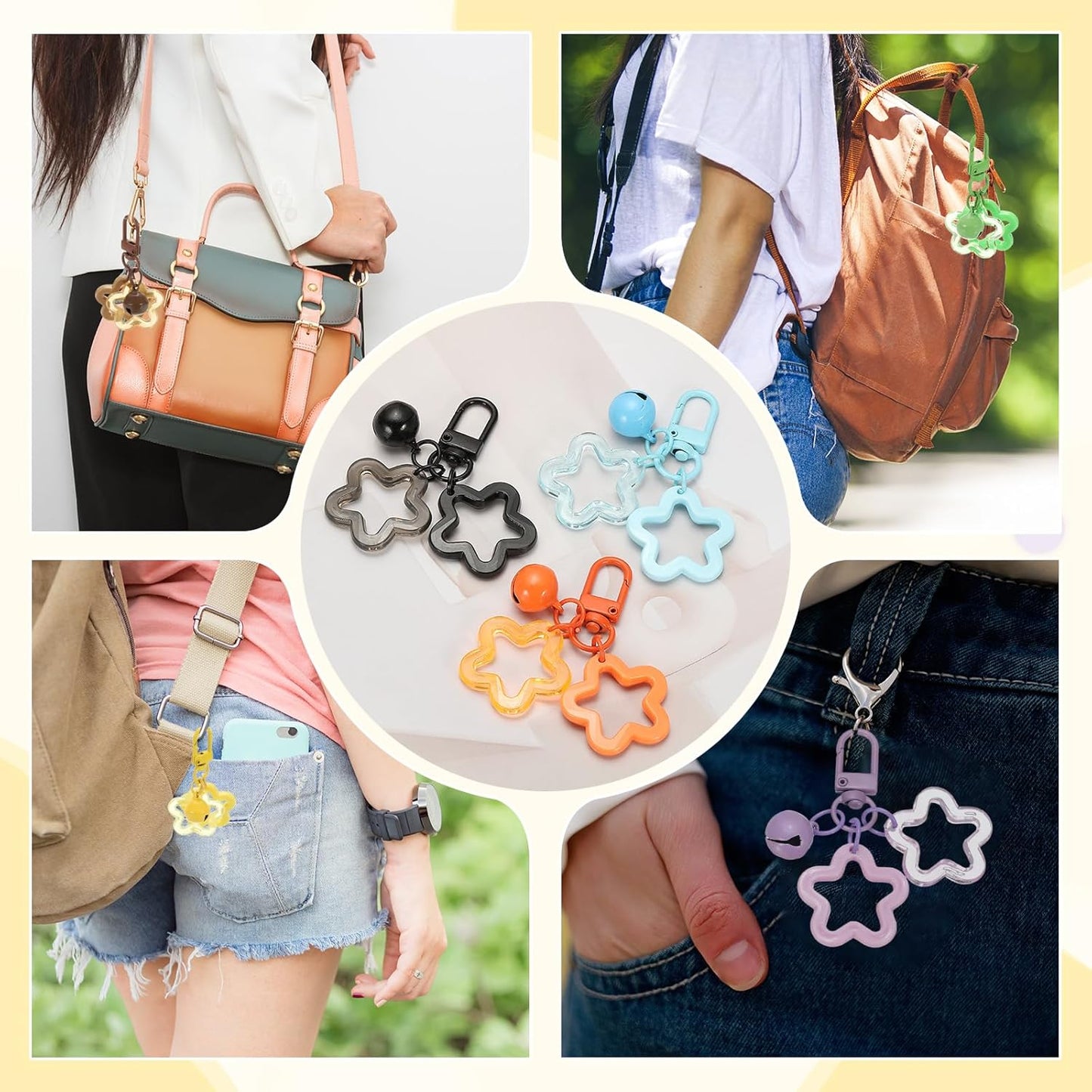 Star Keychain, Cute Keychain Charms Bulk Stars Bell Bag Key Ring for Women Leather Handbags White -