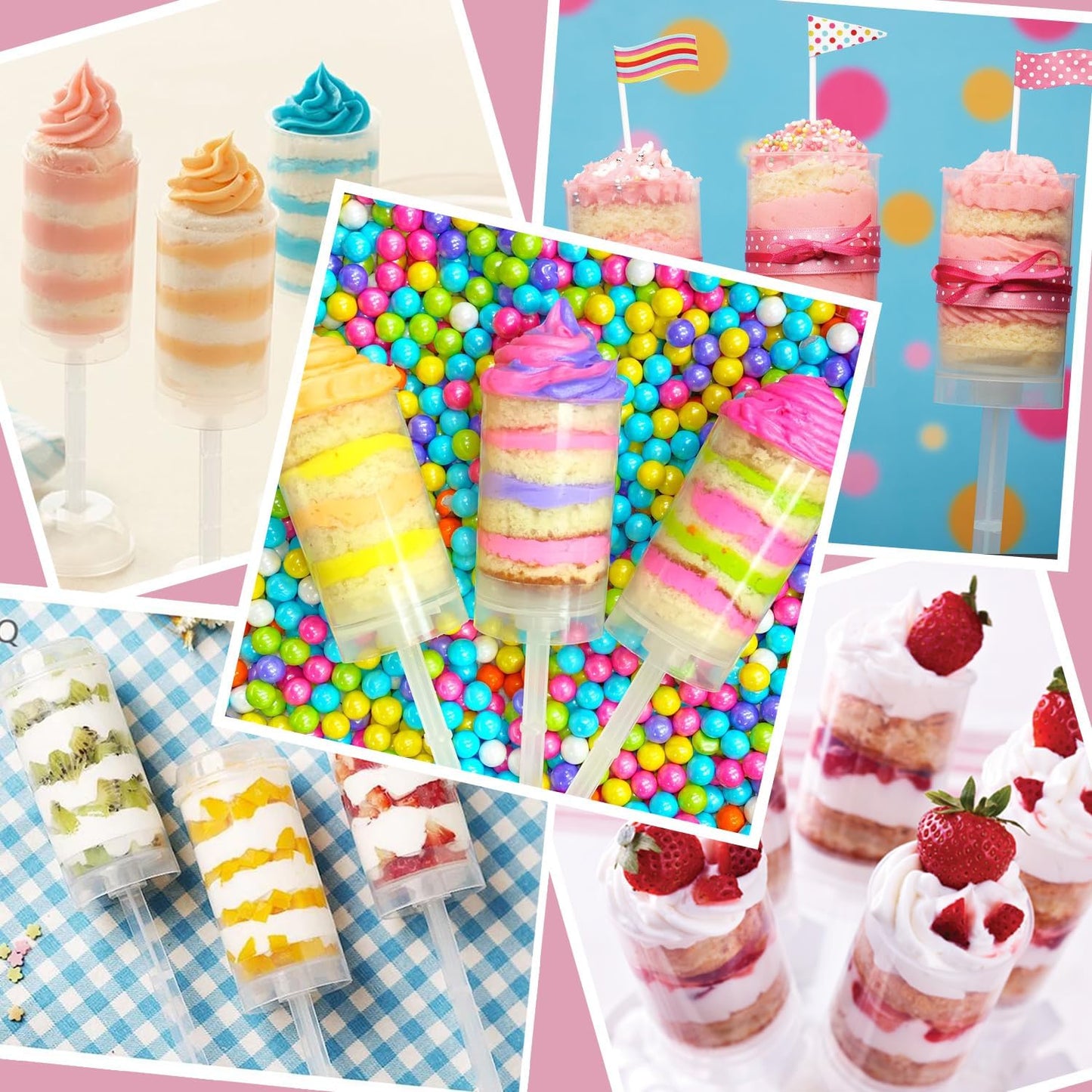 60 pcs Round Shape Clear Push-Up Cake Pop Shooter (Push Up Pops) Plastic Containers with Lids, Base & Stick