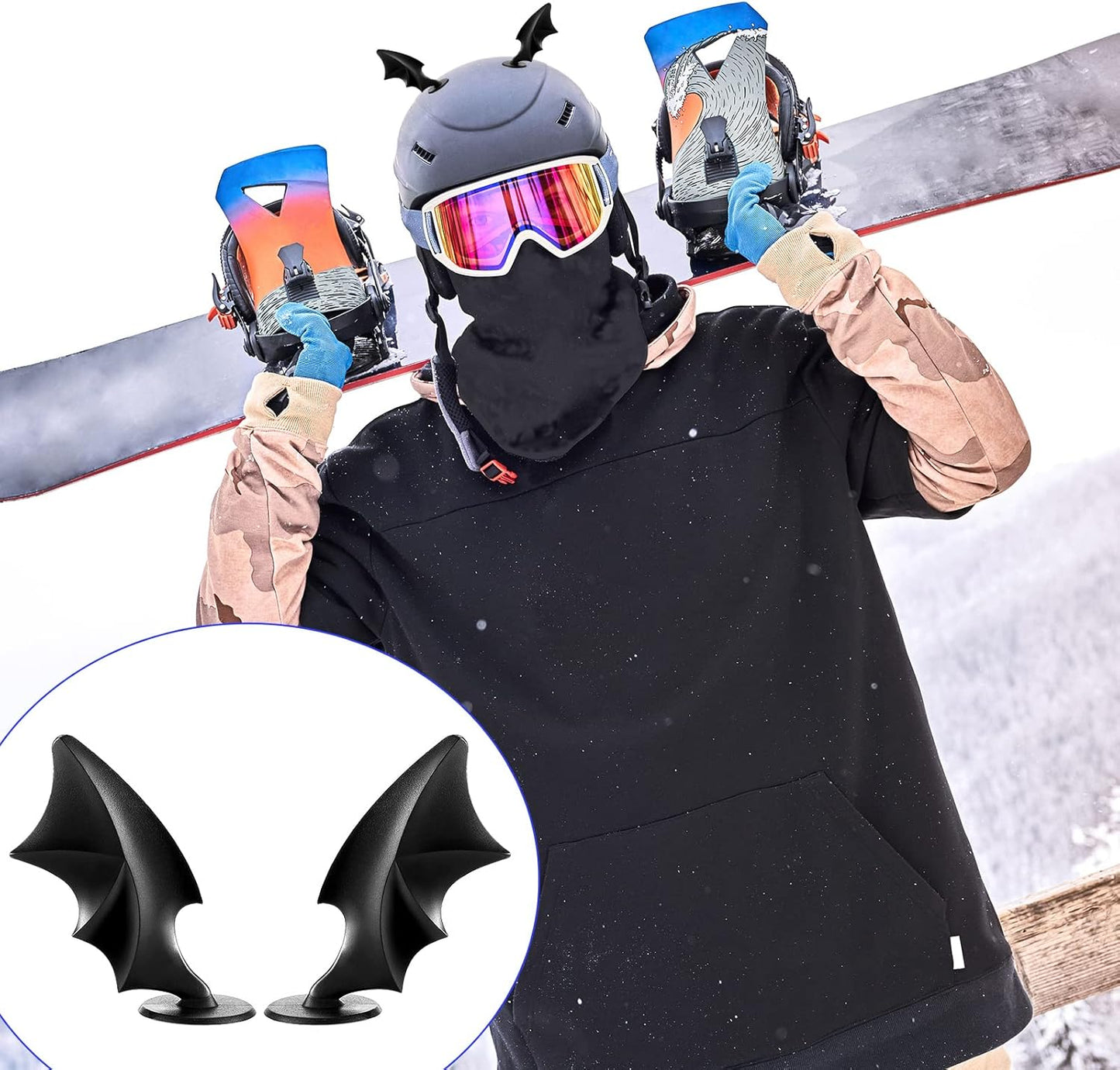 4 Pairs Helmet Devil Horns Motorcycle Accessories Cat Ears Wings with Adhesive Suction Cup Ski Bike for Women Men, Black