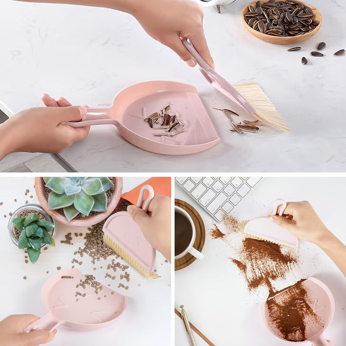 Mini dustpan and brush - pink set of brush and dustpan - portable combination of cleaning brush and dustpan - flexible edge - perfect for removing dust, dirt and grit - suitable for most hard surfaces - space-saving design