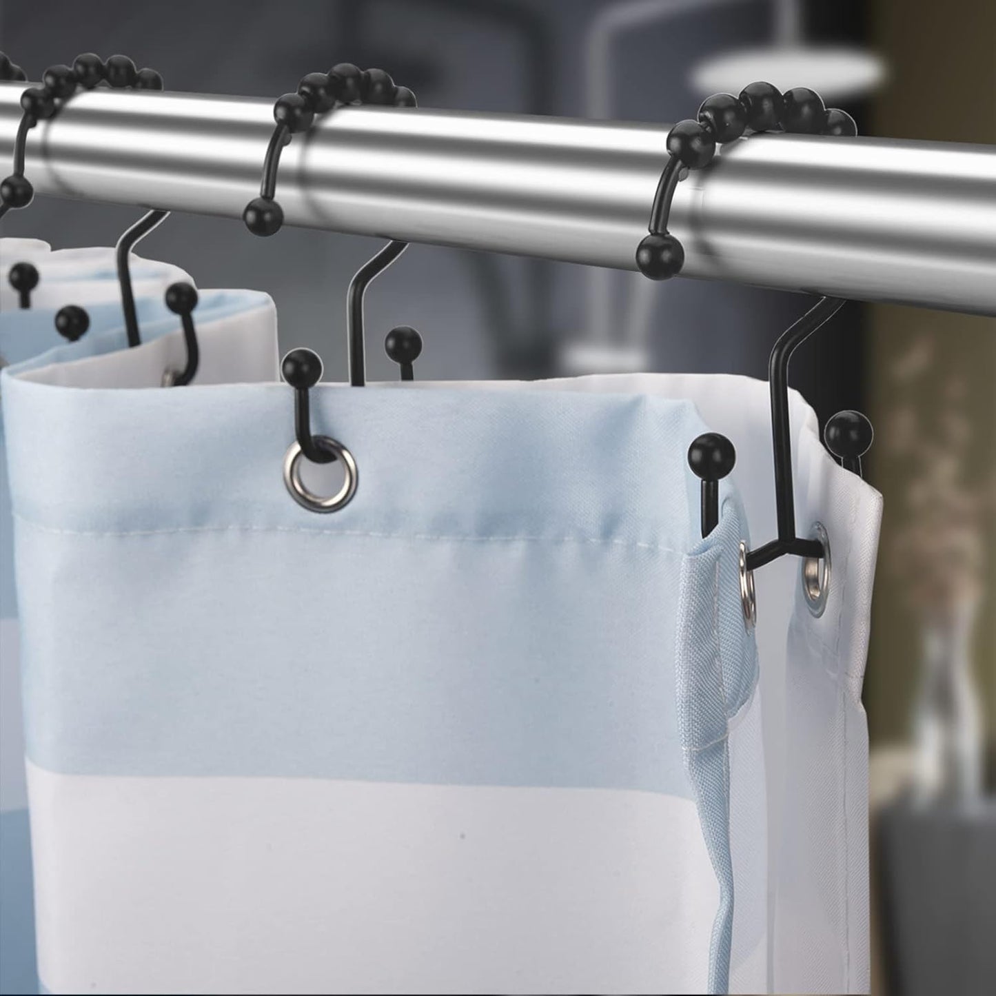 Matzwarte shower curtain hooks (12-pack) - Double hooks made of stainless steel - Hooks with smooth rolling action - Suitable for shower curtains up to 3.3 cm thick - Suitable for shower curtains and waterproof liners. (black)