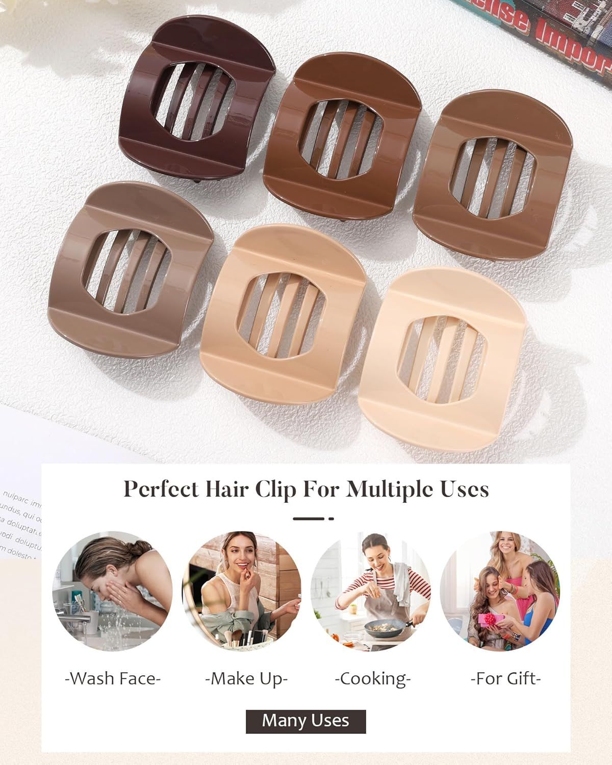 6Pcs lat Hair Clips or Women Strong Grip Curved Claw Clip or Thin Hair Non-slip Plastic Hair Barrettes ((Light Brown+Dark Brown+Light Brown+Dark Brown+O-White+Chestnut))