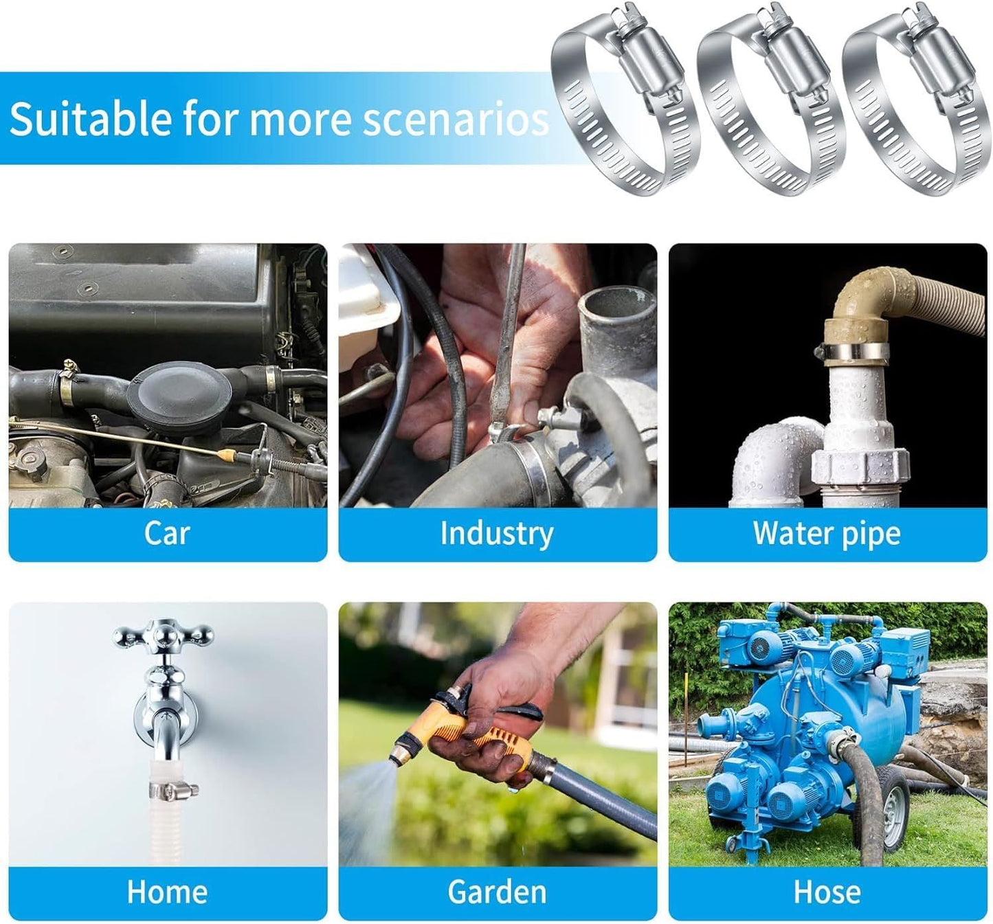 20Pcs Adjustable Stainless Steel Hose Clamps Assortment Kit, 1/4-2 in (6-51mm) Worm Gear Pipe, uel LineHeavy Duty or Plumbing, Washing Machine, Mechanical,Garden and Automotive Hose Connections