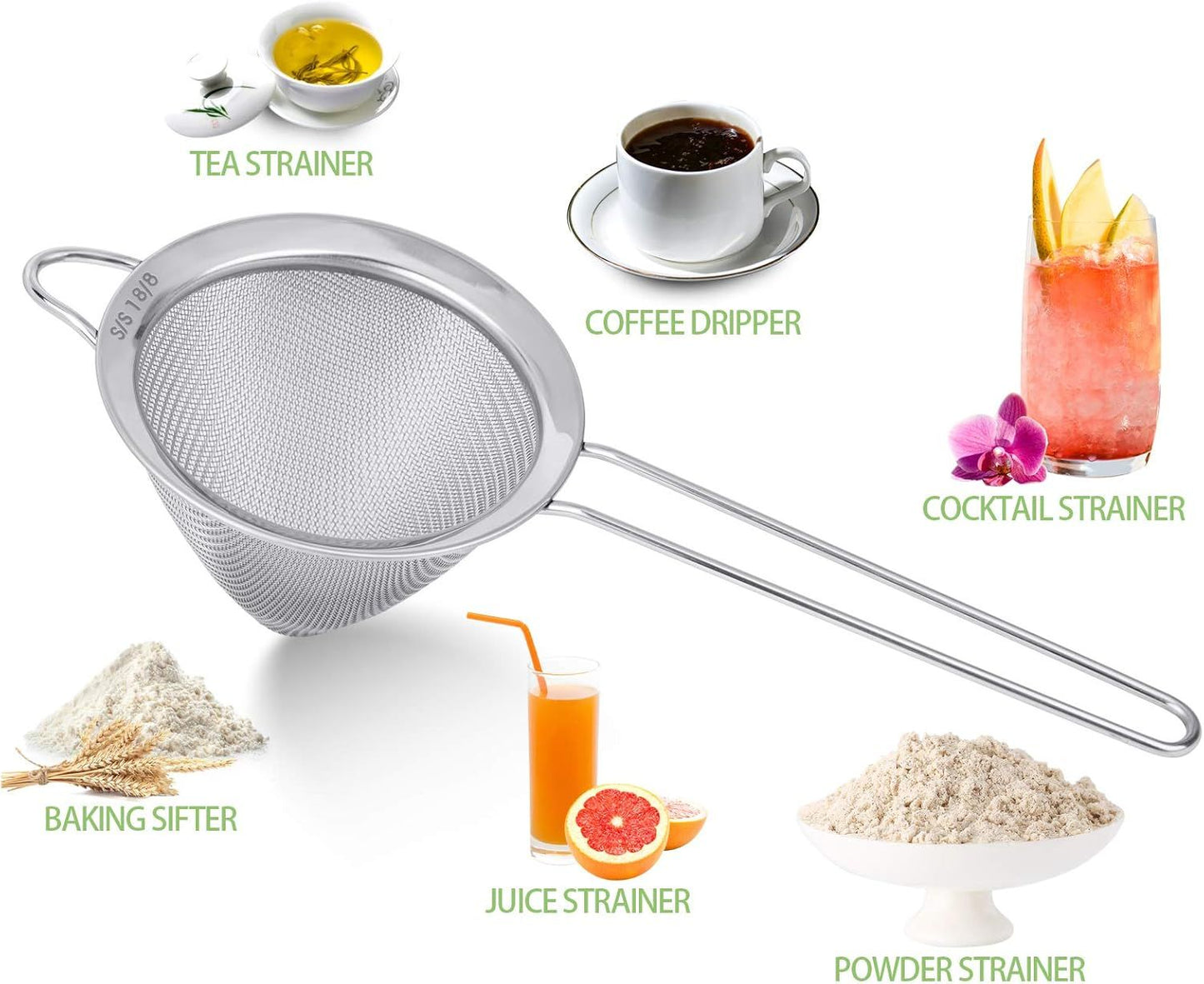 2 Pack Stainless Steel 18/8 Small ood Strainer, ine Mesh Sieve with Long Handle, Cocktail Strainer or Cocktails, Tea Herbs, Coee & Drinks, Rust Proo & Great as Tea Strainer, 3.5inch