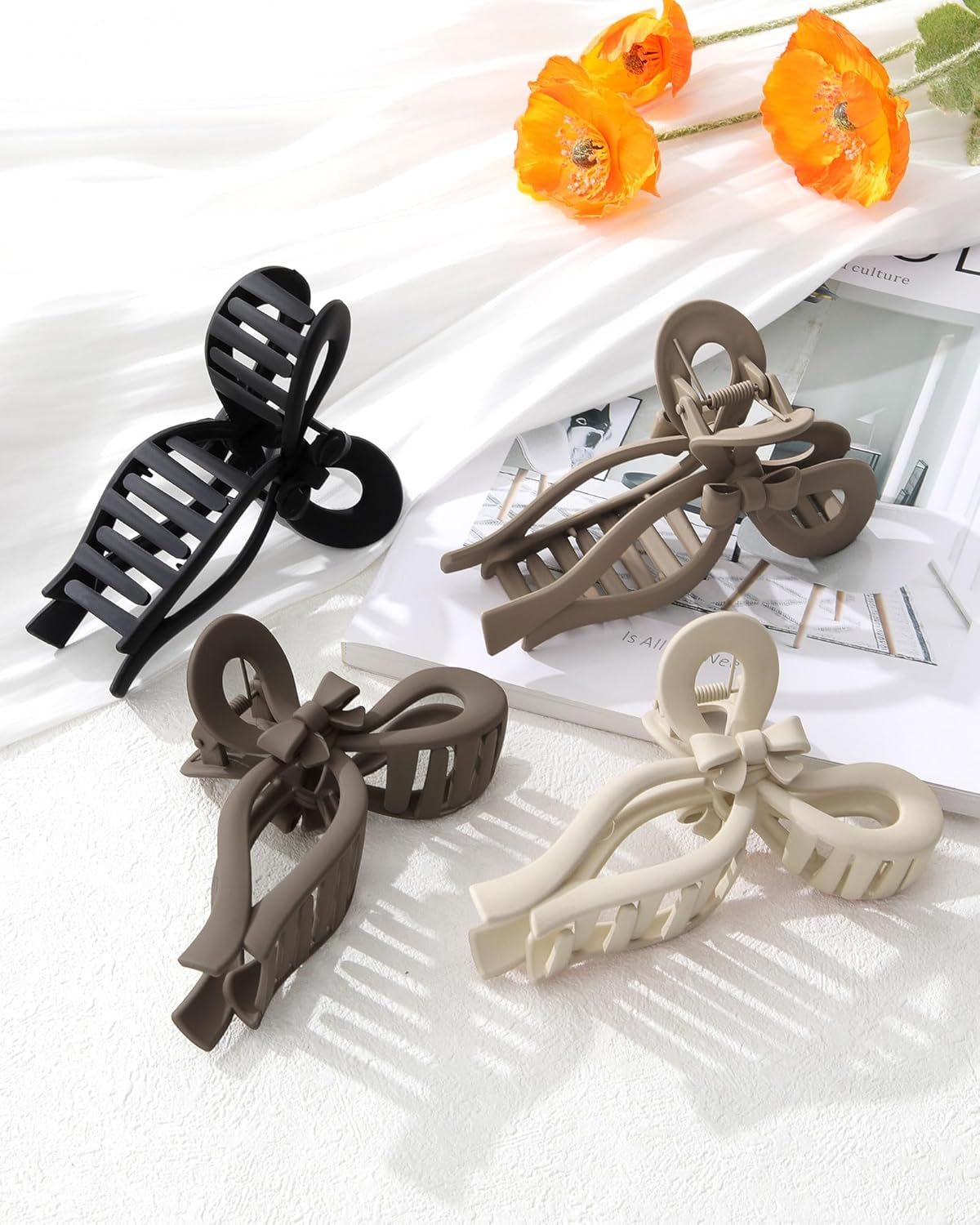 4 PCS Bow Hair Clips or Women Bow Claw Clip 4" Large Hair Claw Clips or Thick and Long Hair Cute Bows Jaw Clip (4" - Dark Apricot + Khaki + Coee + Black, 4" Larger)