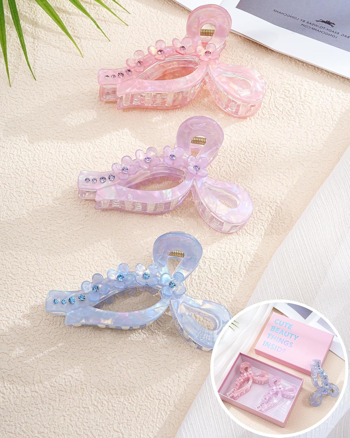4.3" Acrylic Bow Hair Clips or Women Cute Bow Claw Clip 3PCS Large Hair Claw Clips or Thick or Long Hair Bows (Pink + Blue + Purple)