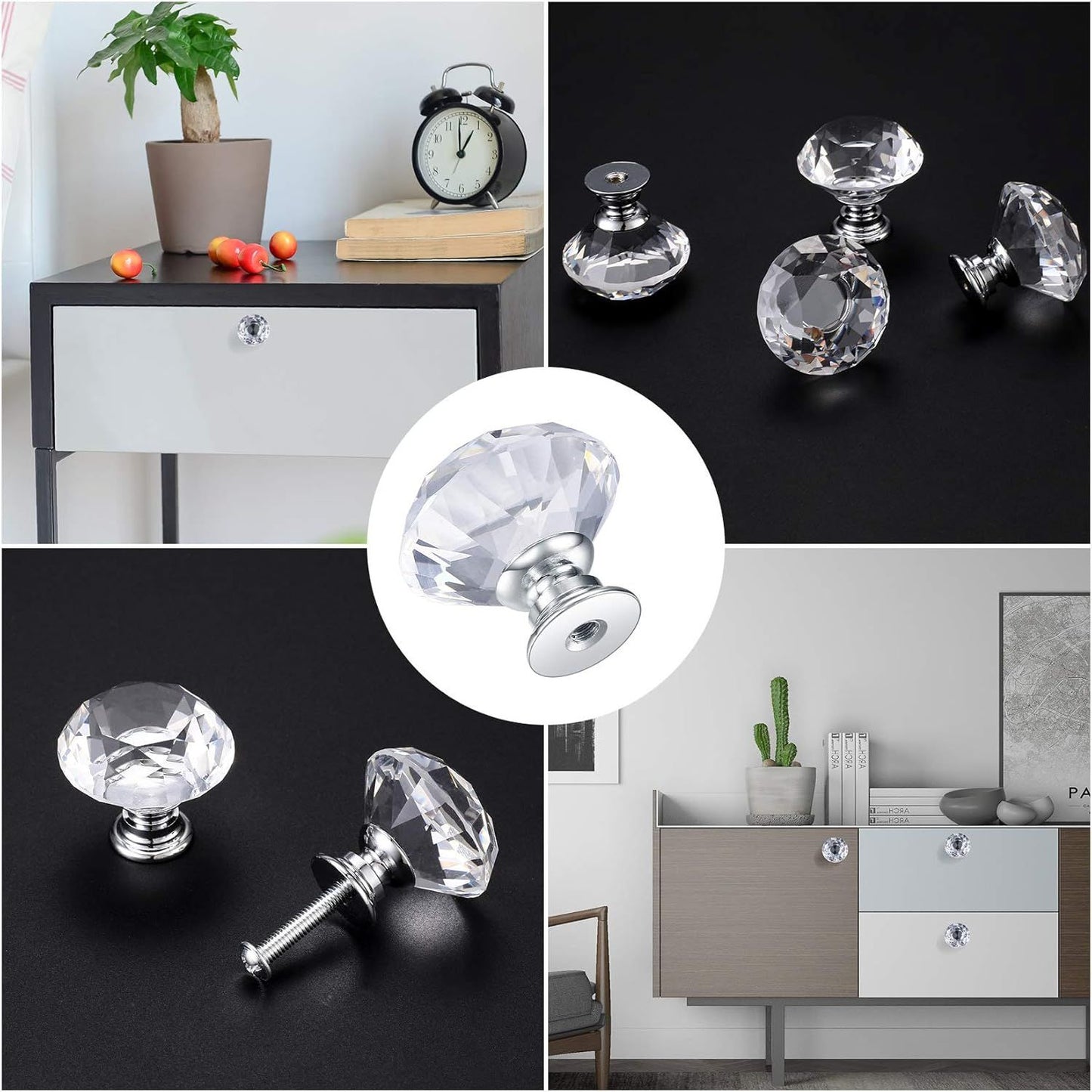 8 Pcs Crystal Cabinet Knobs, Decorative Diamond Shape Crystal Glass Dresser Knobs or Dresser Drawers Cupboard Wardrobe urniture Cabinet Pulls Handles Kitchen Bathroom Bedroom Knob(Silver, 30mm)