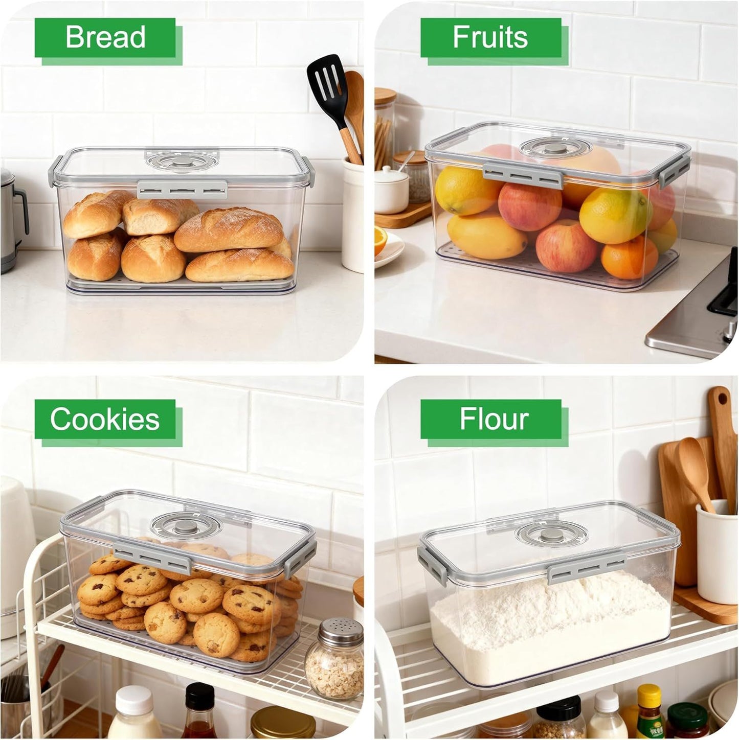 Plastic Bread Box or Kitchen Countertop, Airtight Bread Storage Container or Homemade Bread, Toast, Loa, Bagel, Donut and Cookies, Time Recording Bread Keeper, Dishwasher Sae