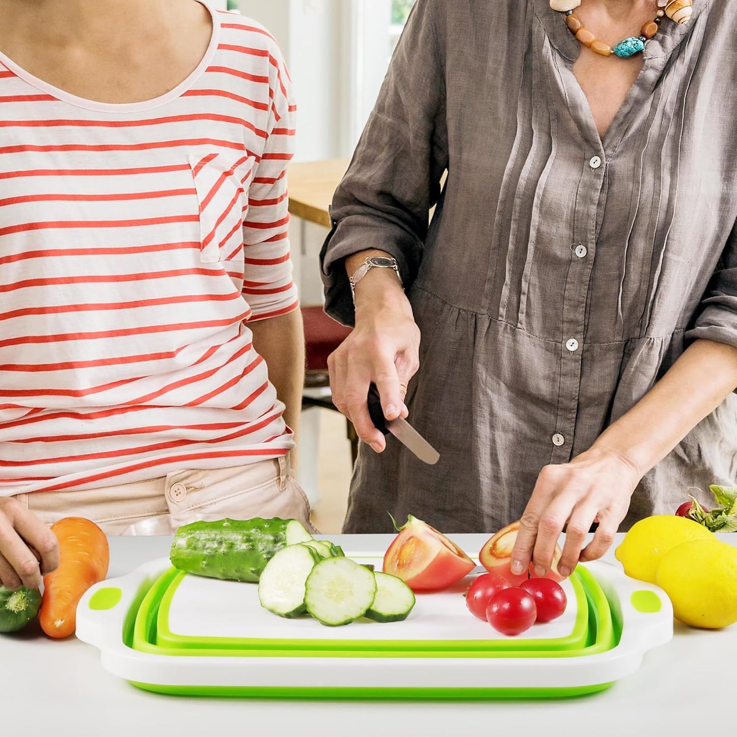 2 Pack Collapsible Cutting Board, oldable Dish Tub with Draining Hole, Portable Chopping Board with Colander, 3 in 1 Multiunction Camping Sink or Washing Dish, Bowl, Vegetables and ruit