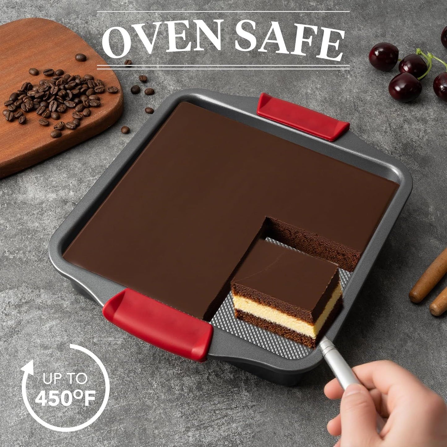 9" Square Cake Pan Set o 2, 0.8mm Thick Heavy Duty Bakeware with Diamond Texture or Even Heating, Nonstick Baking Pan or Bread, Brownies & Lemon Bars, Cake Mold with Silicone Grip Handles