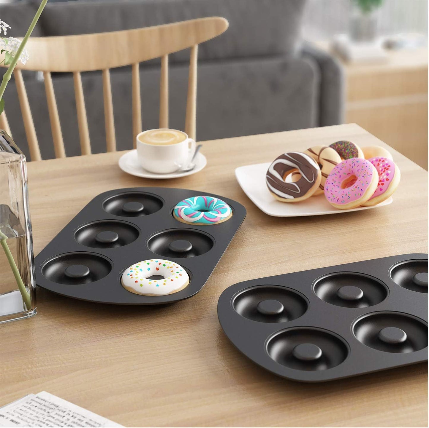 Non-Stick 6-Cavity Donut Baking Pans, Makes Individual ull-Sized 3 1/4" Donuts, Set o 3