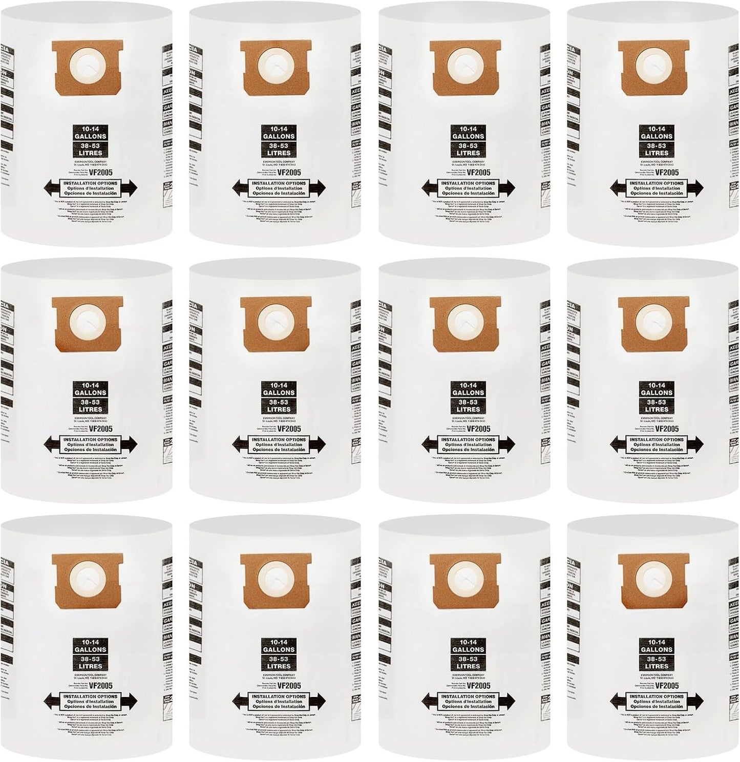 12 Pack V2005 Vacuum Bags Compatible with Shop Vac Bags 10-14 Gallon, Type 90662 9066200 ; Type I 90672 9067200,High Eiciency Disposable ine Dust Collection Vacuum ilter Bags