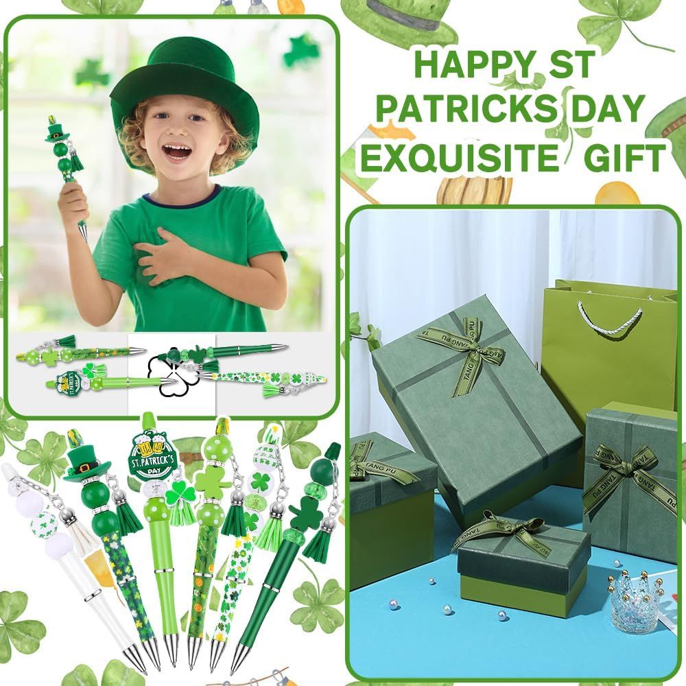 12 Set St Patricks Day Beadable Pens Plastic Bead Pens Clover Green Bulk Ballpoint DIY Crafting Pens Making Kit with Pendants Lobster Clasps for Students Teens School Office Supplies