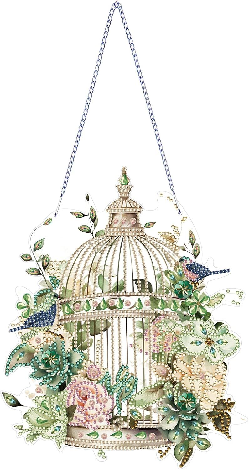 Diamond Art Painting Hanging Pendant Kit,DIY Flower Birdcage Crystal Art Hanging Sign,Diamond Window Hanging Wreath Ornament for Home Decor and Gift (366)