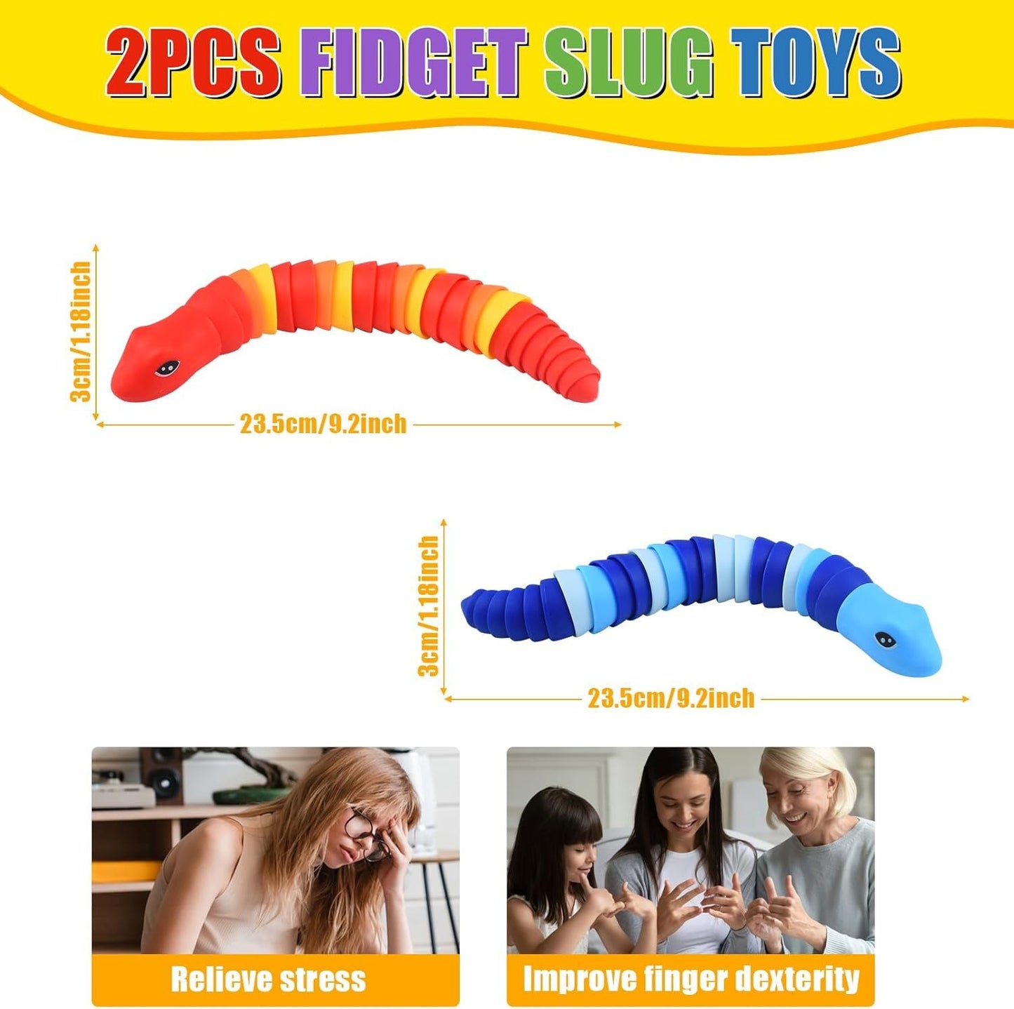 2 PCS Fidget Snakes Toys for Adults,3D Articulated Caterpillar Sensory Stress Relief Flexible Hand Toy, Ideal Party Favor Colorful Office Desk Toys (Blue+Red)