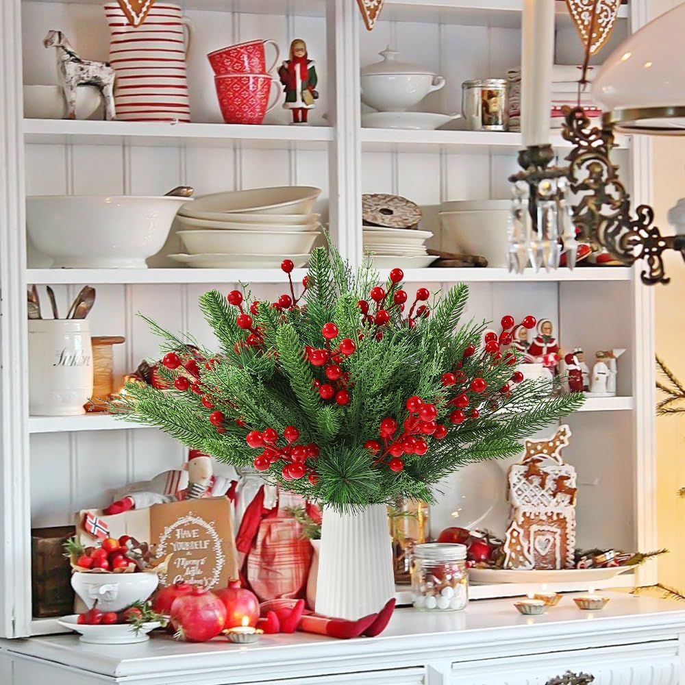 60 PCS Artificial Pine Branches Christmas Faux Pine Greenery Stems Red Holly Berries Fake Cedar Pine Needles Picks for Christmas Tree Wreath Garland Holiday Home Decoration