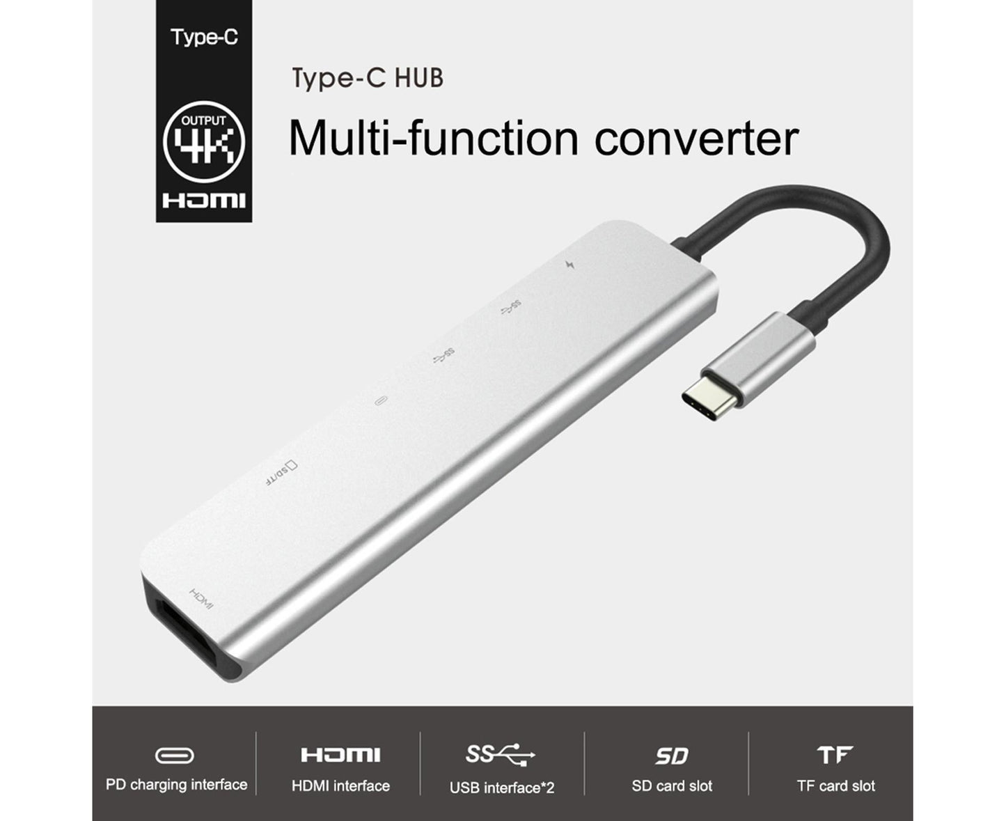 Type-C Hub Docking Station High Speed Multifunctional 7 in 1 USB 3.0 HDMI-compatible PD USB TF Laptop for Huawei Silver