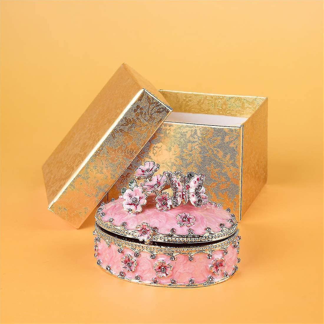 Crystal Trinket Jewelry Boxes Hinged,hand-painted Pink Flower Butterfly Pattern Jeweled Box For Girls