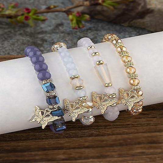 4pcs Set Bohemian Butterfly Crystal Stone Stretch Pendant Bracelets For Women Girls Gold Beaded Stackable Stretch Bracelet Colorful Charm Jewelry