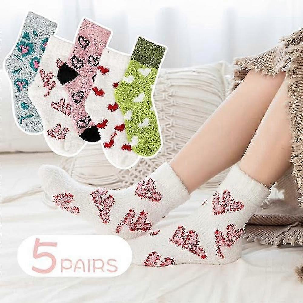 5 Pairs Fluffy Coral Fleece Socks Women's Slipper Socks Love Pattern