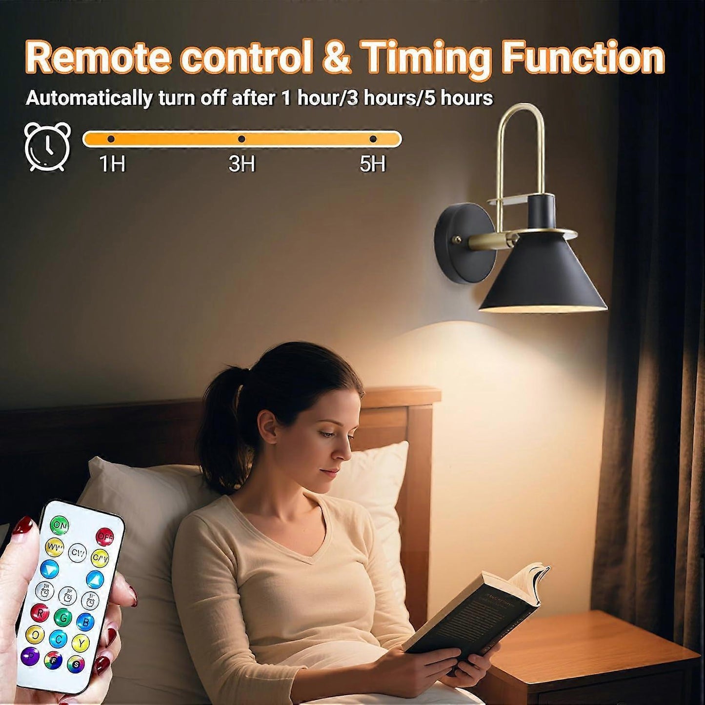 Battery Operated Wall Sconces Set of 2, RGB Wireless LED, Remote, 10000mAh, Black